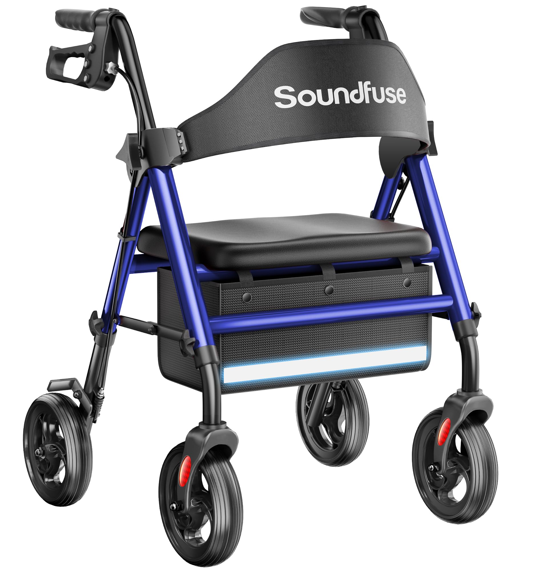 Soundfuse Rollator Walkers with Seat for Seniors, Foldable 8" Big Wheels All Terrain Rolling Walker, Handles and Ergonomic Seat Height Adjustable, 350lb Weight Capacity