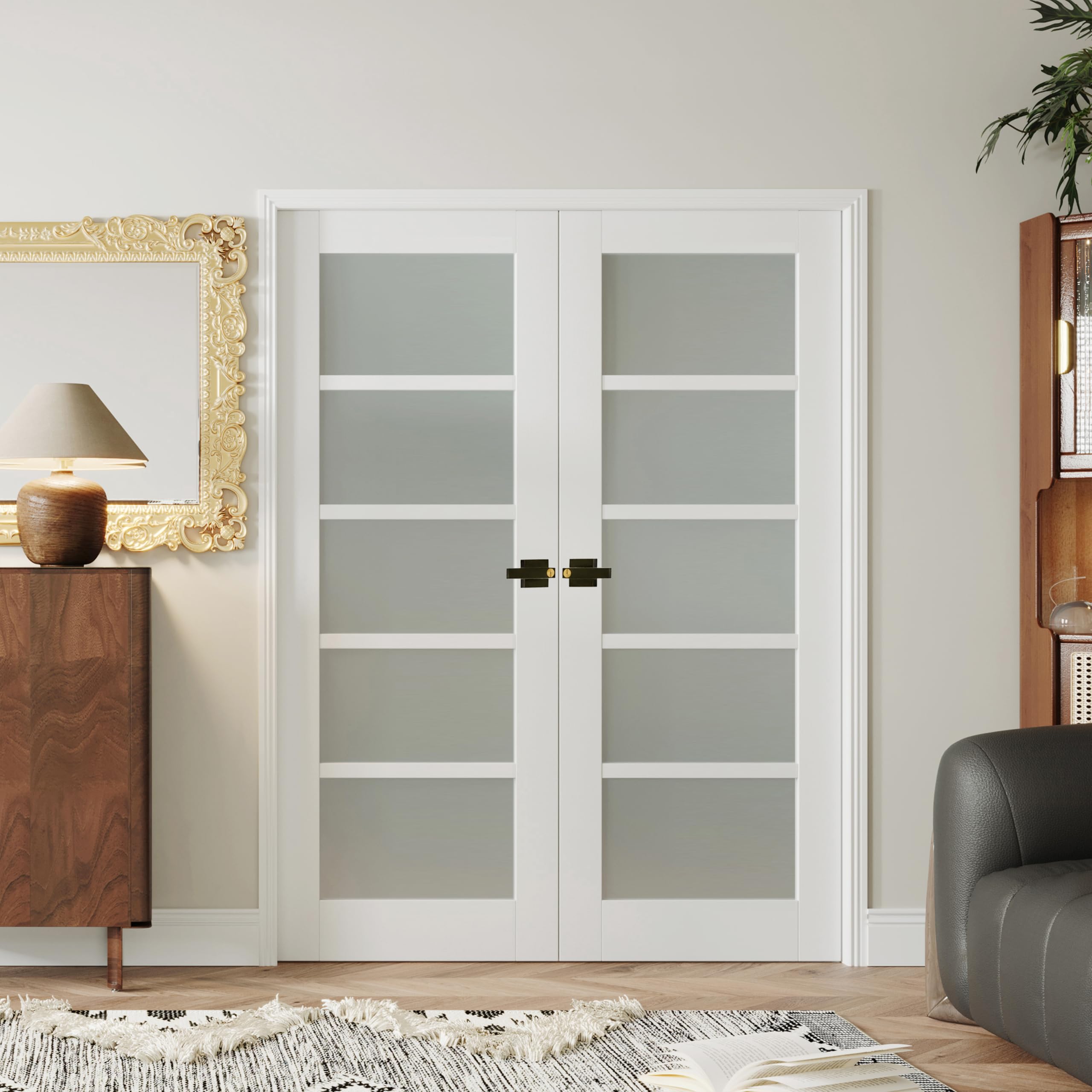 48" x 80" French Doors, 5-Lite Frosted Glass Interior Door with Black Door Levers, Pantry Door Slabs for Bathroom Bedroom Pantry Laundry Closet Door, Assembly Required