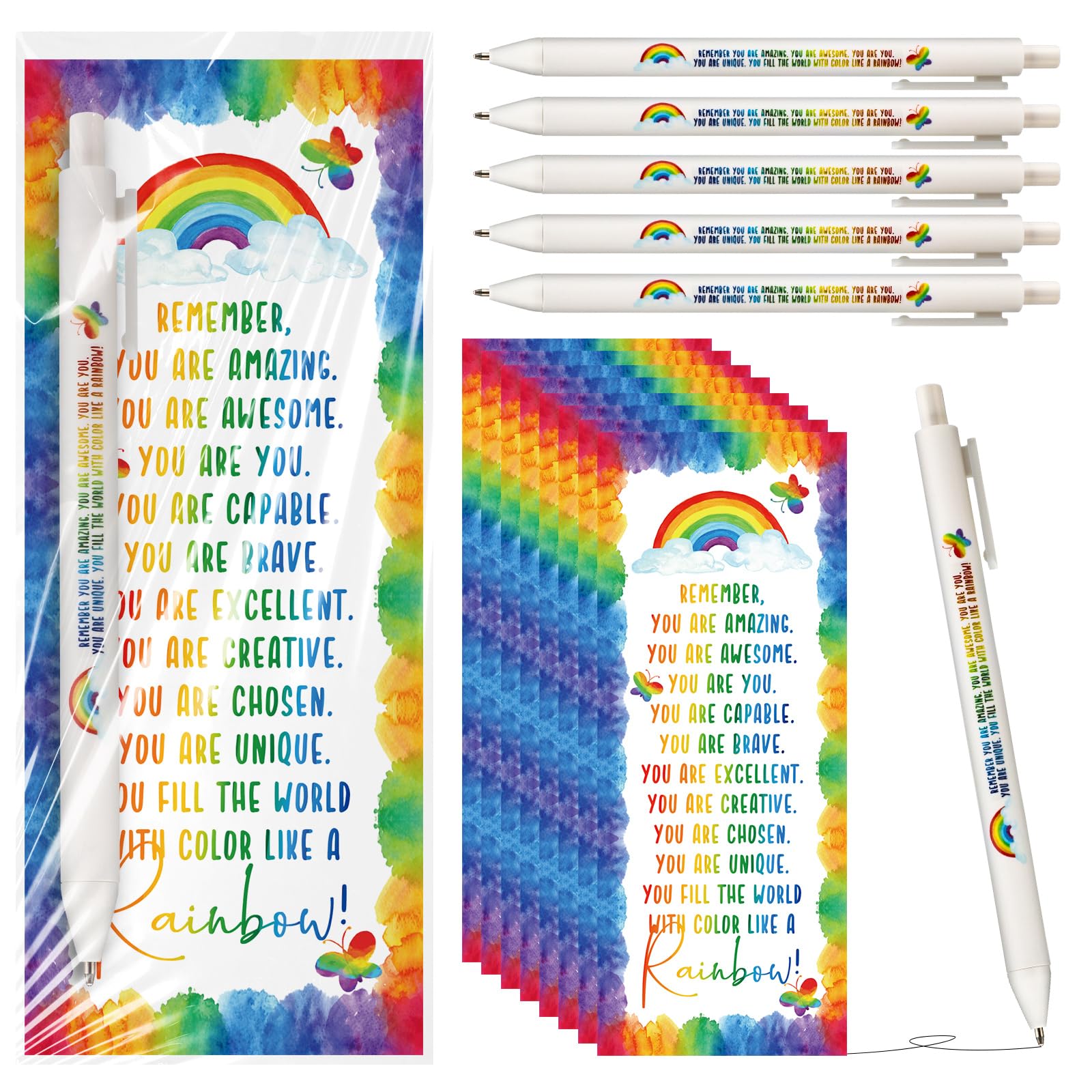 Sinload 100 Pcs Inspirational Rainbow Gifts Bulk Ballpoint Pens and Motivational Bookmarks Employee Appreciation Gifts for Valentines Day Coworker