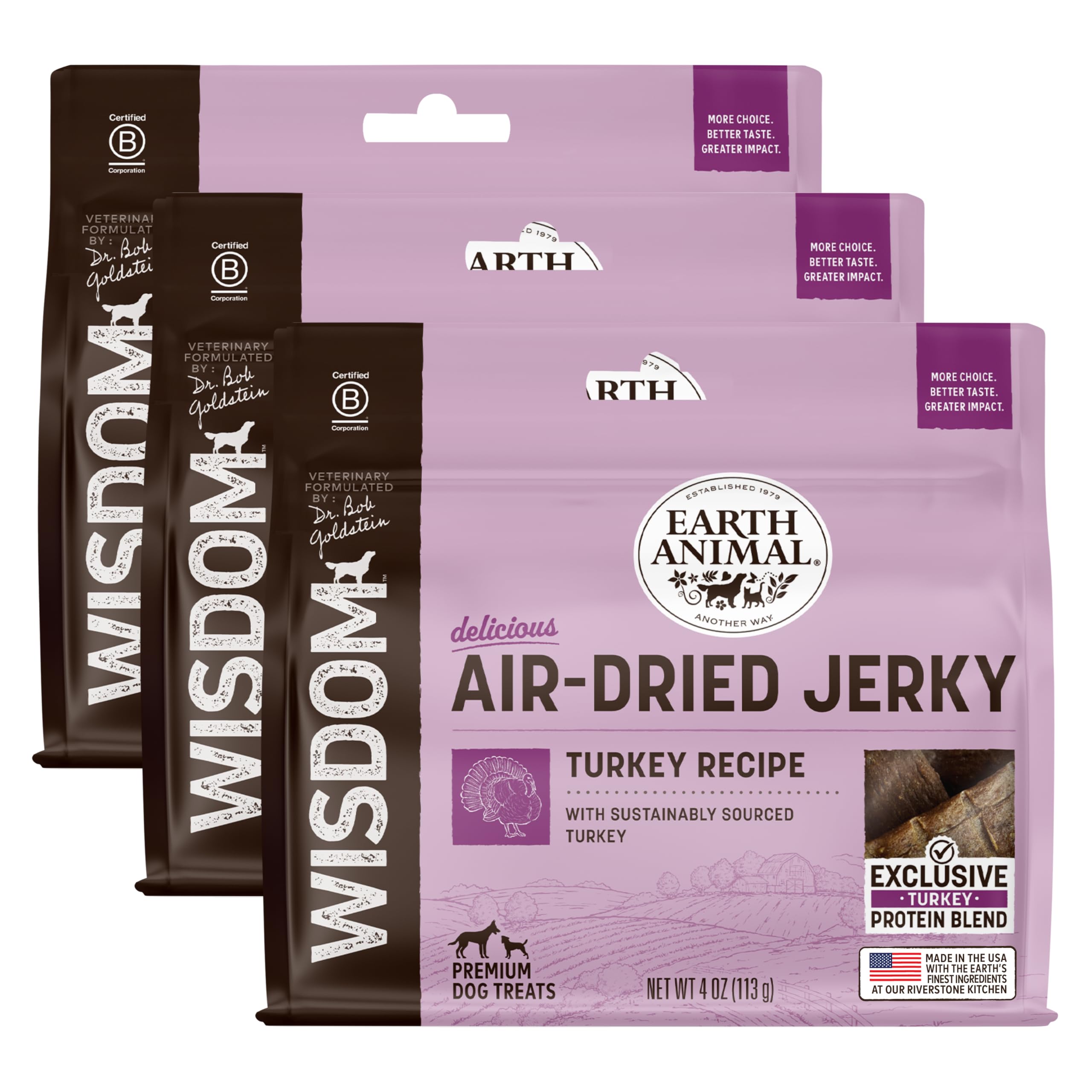 Earth Animal Wisdom Air Dried Jerky - Turkey Recipe Premium Natural Jerky Strips Dog Treats - 3 Pack 4 oz Bag