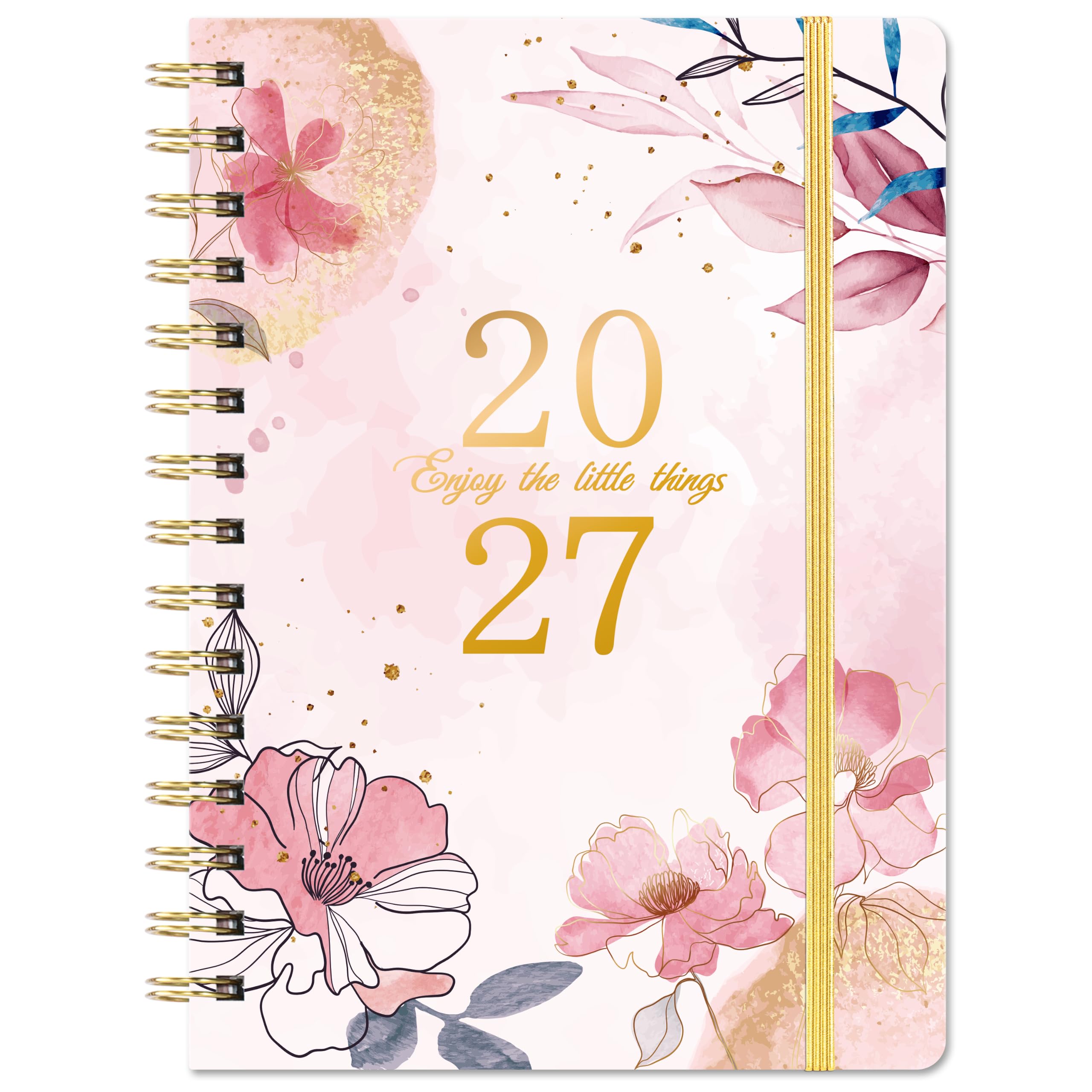 2027 Diary - 2027 A5 Diary Week to View, January 2027 - December 2027, Beautiful Watercolor Flowers, Twin-Wire Binding, Hard Cover, Elastic Closure, 21.5 x 15.5 x 1.5 cm