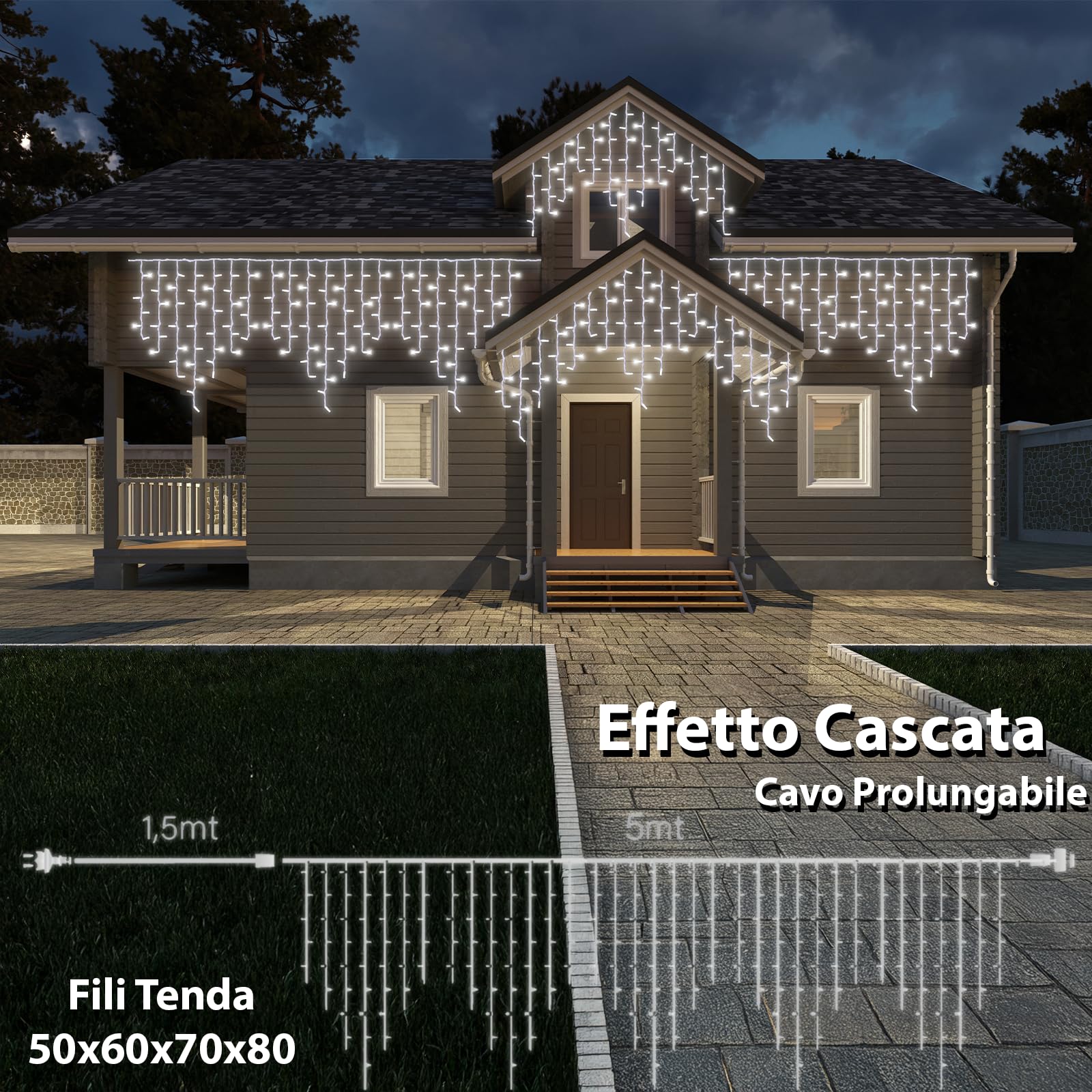 GINMA Tenda Luminosa LED - Luci di Natale Esterno Professionali - Certificata IP44 - Basso Consumo e Impermeabili, Effetto Cascata - Prolungabile (Bianco Freddo, 5 metri (220 LED))