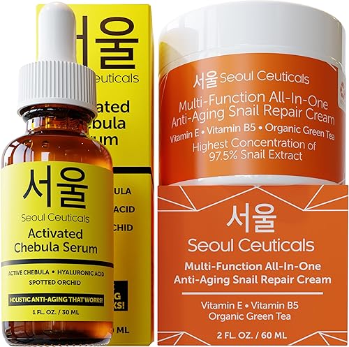 SeoulCeuticals Serum Chebula + crema de mucina de caracol - Set antienvejecimiento coreano para el cuidado de la piel