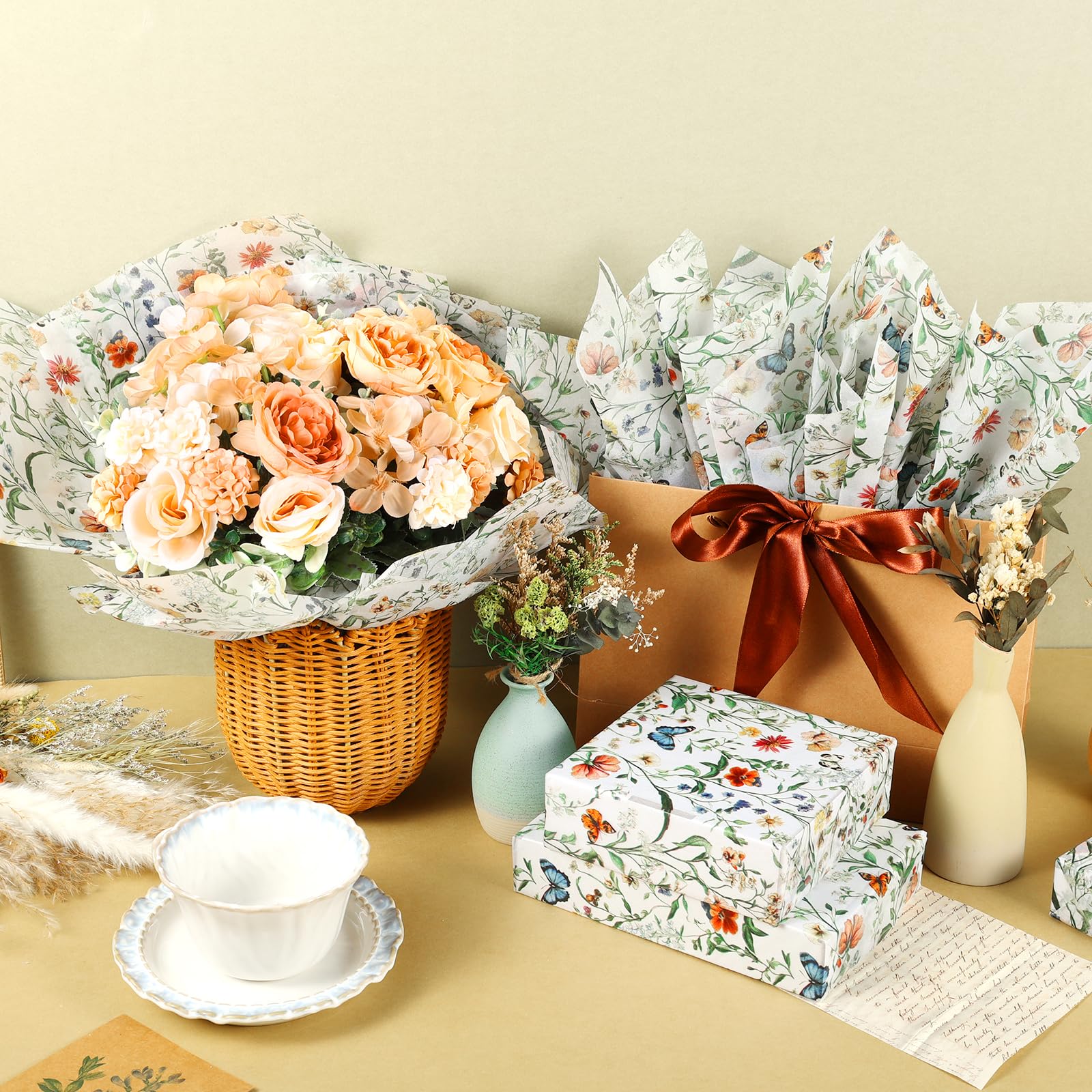 100 hojas de papel de seda de mariposa de flores silvestres, diseño vintage de flores silvestres sin costuras, papel de regalo para cumpleaños, boda, baby shower, suministros de 13.8 x 19.7 pulgadas