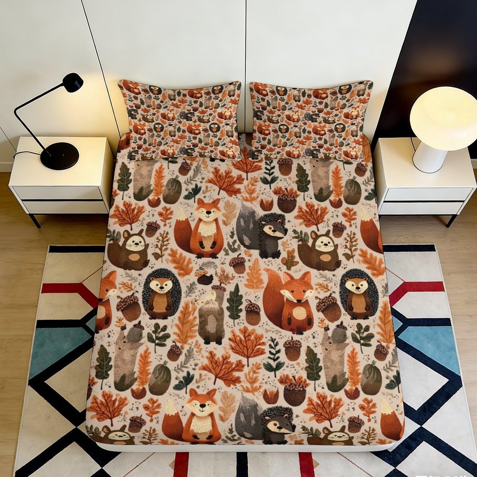 3D Printed Forest Animal Fitted Sheet Microfiber Soft Autumn Woodland Mattress Cover for Bedroom Dorm Easy Care 90x200x25cm