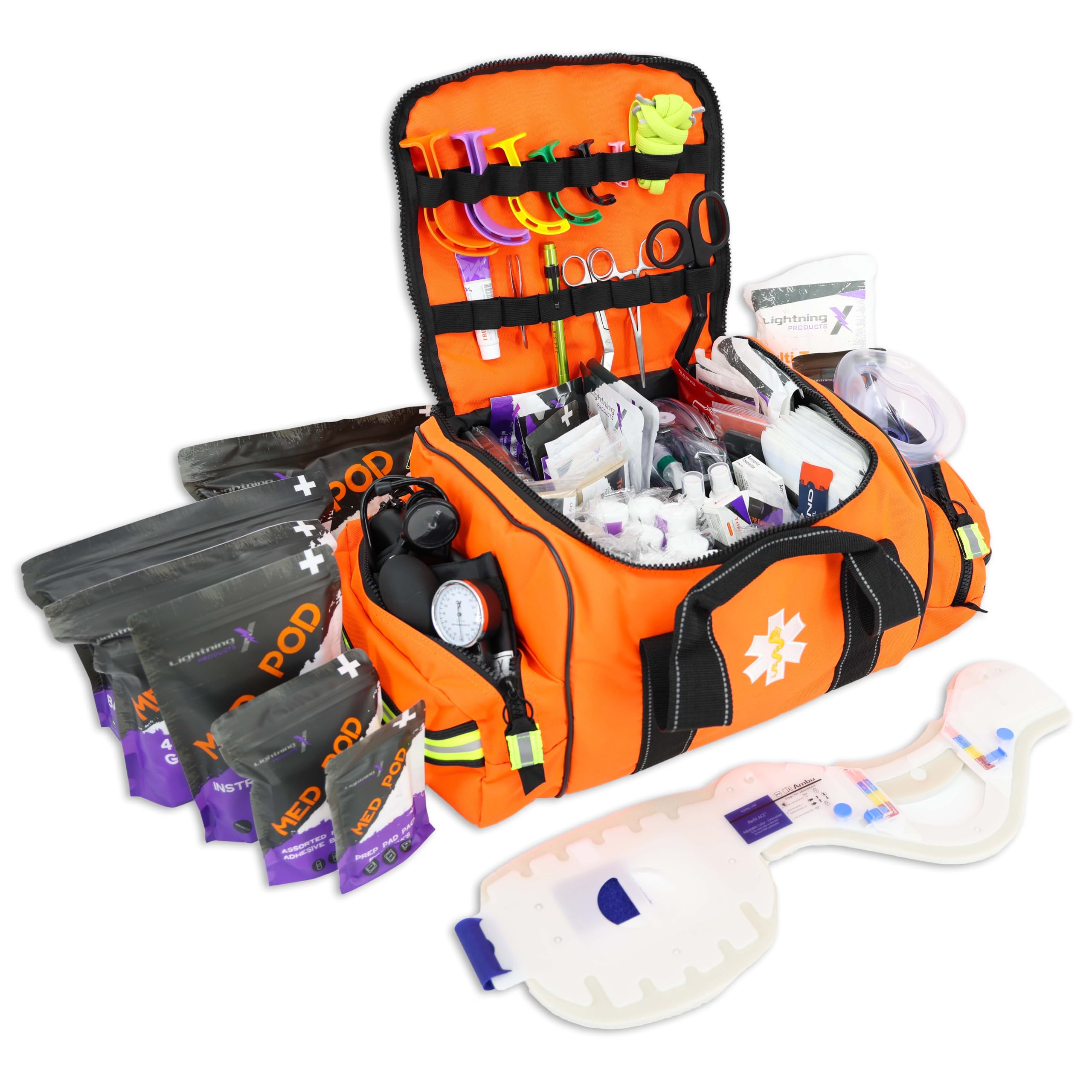 Lightning X Products Lightning X Pre-Stocked EMS/EMT Trauma Kit w/ Large First Responder Bag & 256 Aid Medical Supplies - Orange