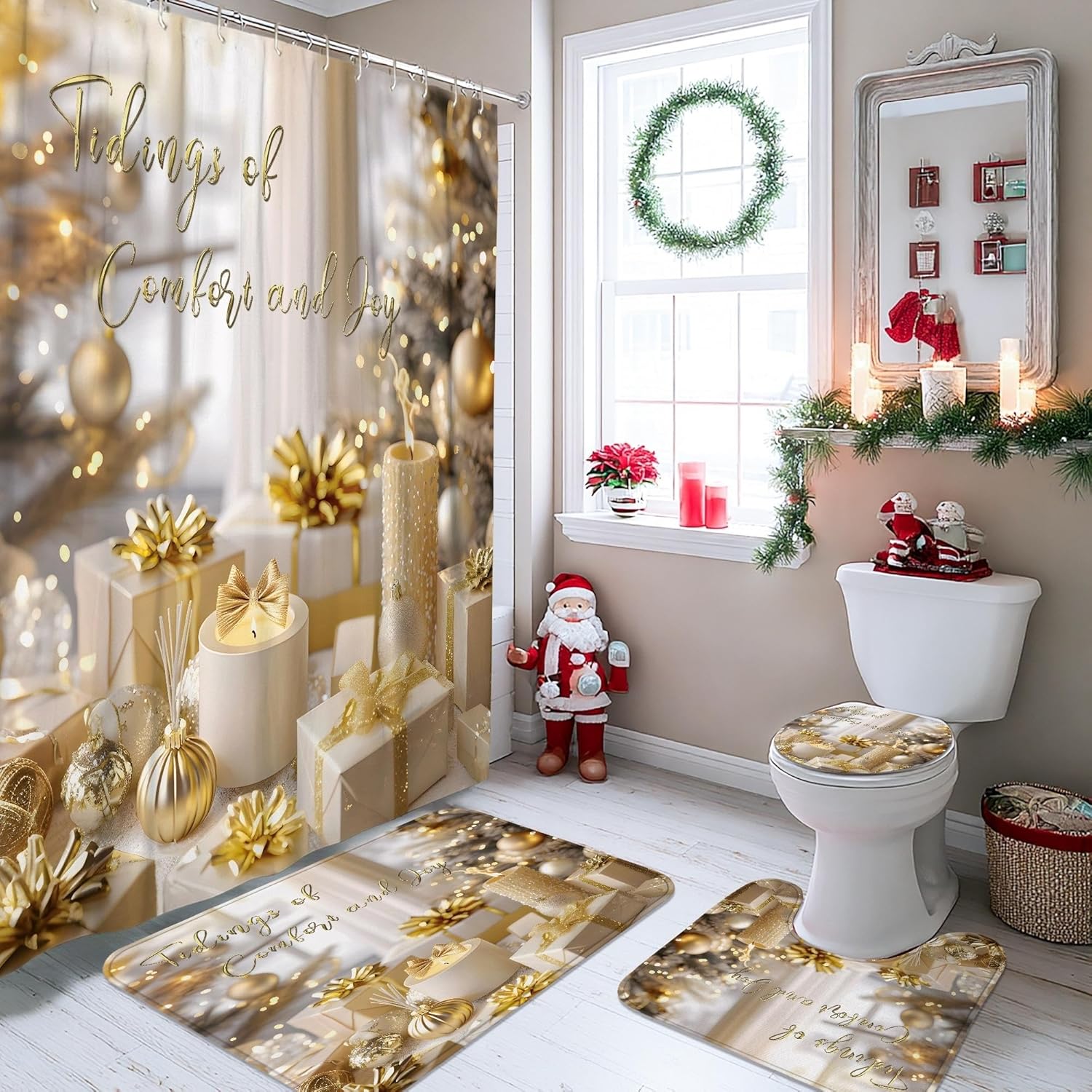 4pcs Christmas Shower Curtain Set, Gold White Holiday Bath Mat Rugs Accessories for Bathroom Decor, Elegant Modern Waterproof Fabric Shower Curtain Set with Hooks 72x72 Inch