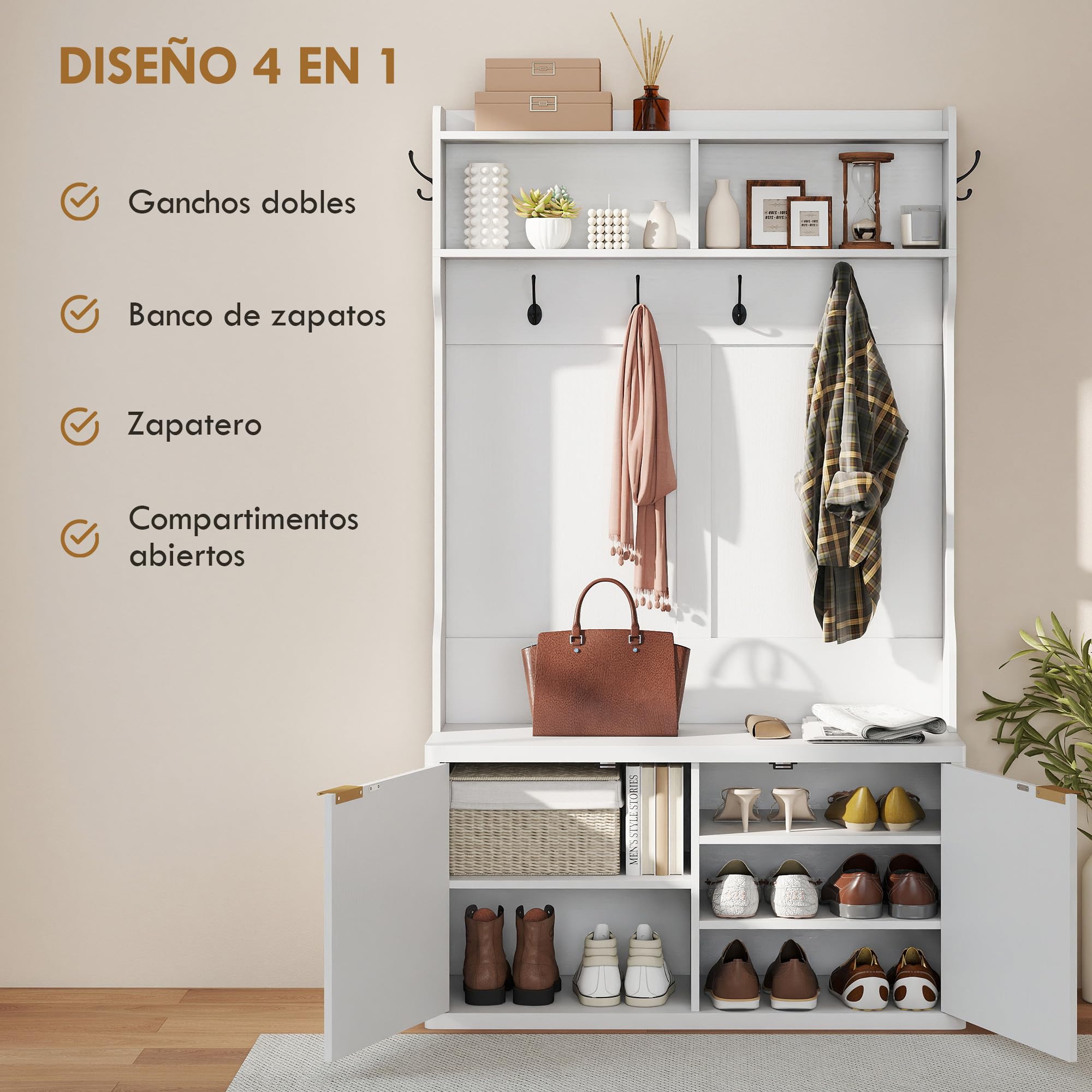 HOMCOM Perchero Zapatero con 2 Puertas y 6 Ganchos 100x38x172 cm Blanco | Perchero Recibidor Entrada, Estantes Abiertos, para Abrigos Pasillo Dormitorio Salón, Estilo Moderno