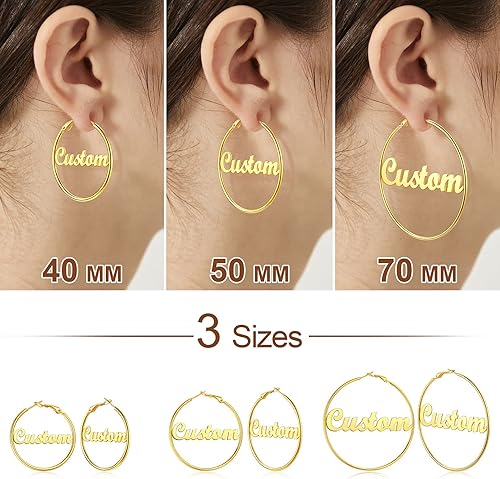 Vista 3 de FOCALOOK 18K Gold Plated Lightweight Thin Hoops Custom Name Hoop Huggie Earrings for Women 30405070100mm