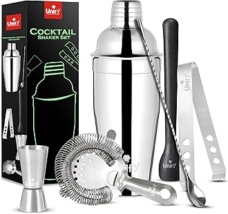 - Unify 6 Pieces Stainless Steel Bartender Kit | Premium Cocktail Shaker Set for Home Bar & Parties | Includes Peg Measurer 30/60ml, Bar Spoon, Ice Tong, Muddler, Strainer | Professional Bar Tool Set