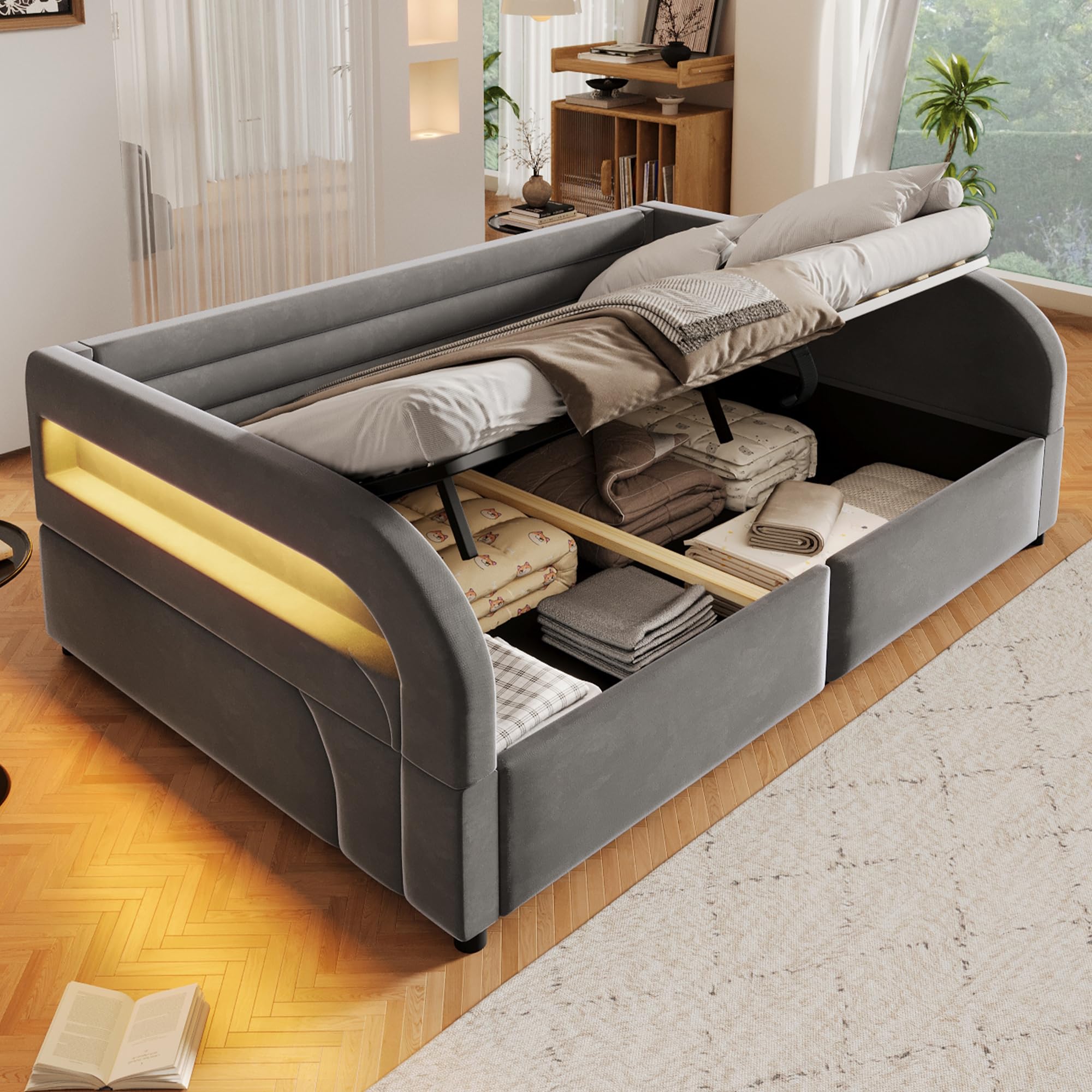 Divano Letto Imbottito 140x200 con Contenitore Idraulico e illuminazione a LED, Letto Matrimoniale a piattaforma con Rete a doghe, Sofa Bed grigio(Senza Materasso)