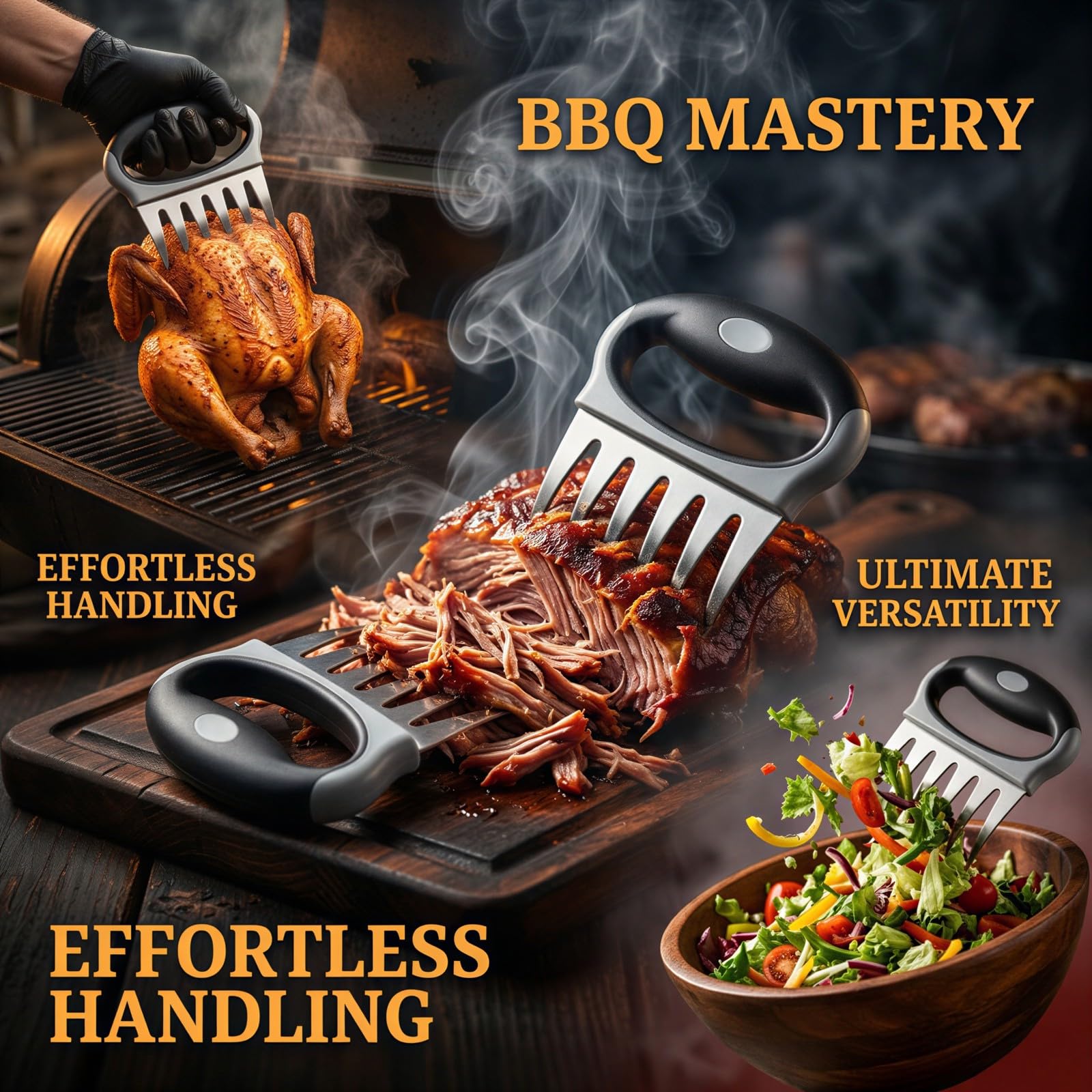 2 STK. Fleischzerkleinerer-Krallen mit rutschfestem Griff, Edelstahl-BBQ-Zerkleinerungswerkzeug für Pulled Pork, Hähnchen und Rind, mit Reinigungsbürste für Grill, Smoker und Küche