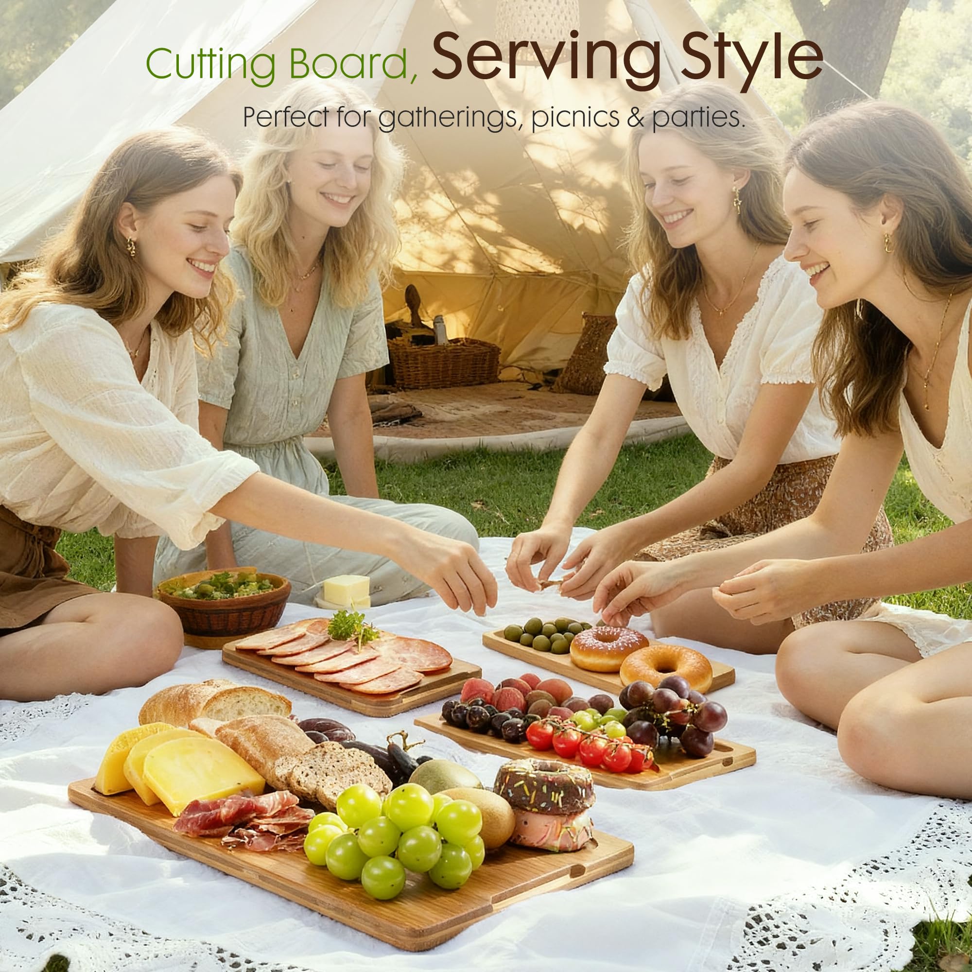 Astercook Deep-Carbonized Bamboo Cutting Boards for Kitchen with Wood Storage Stand, Reversible Charcuterie & Chopping Boards with Juice Grooves and Easy-Grip Handles, Knife-Friendly, Kitchen Gift