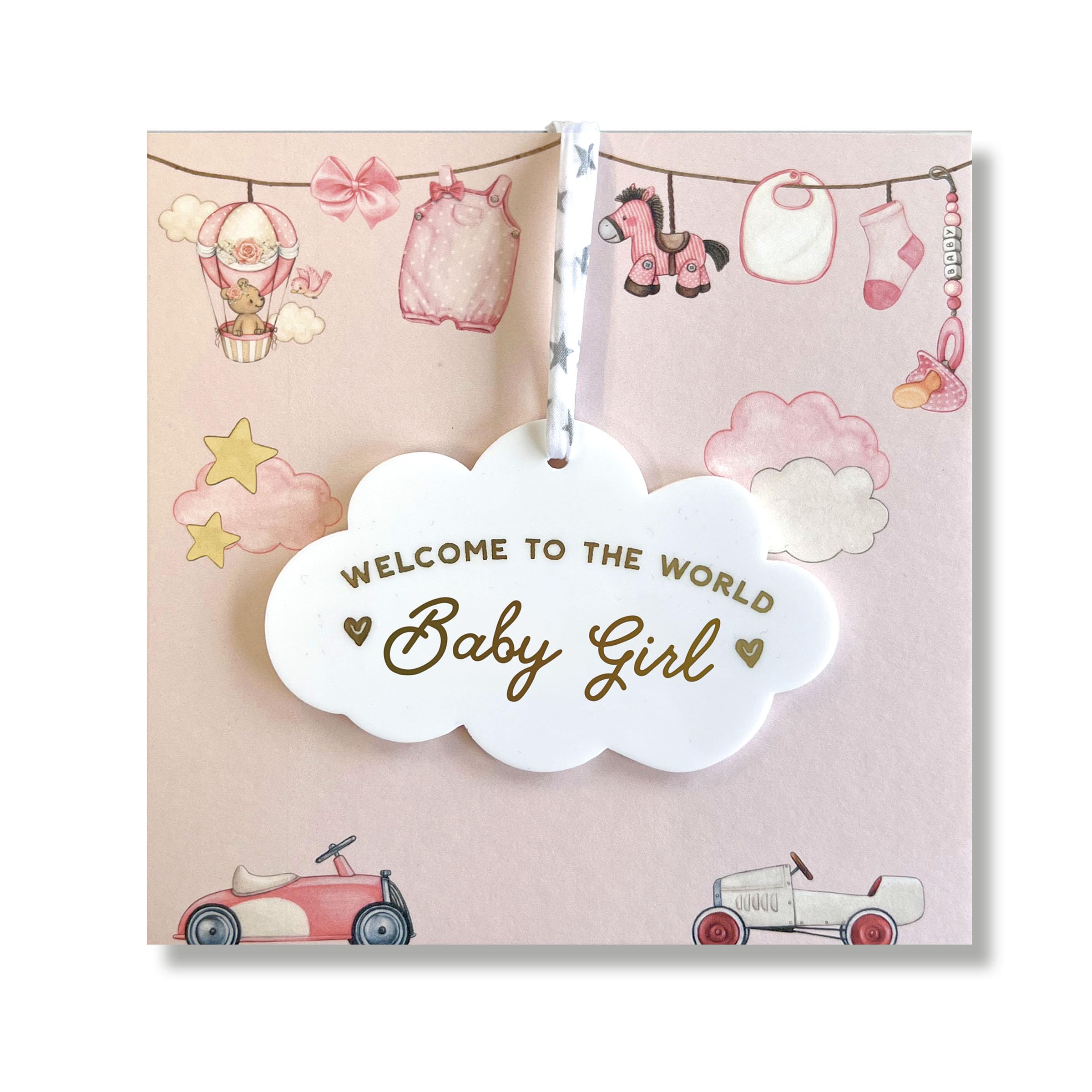New Baby Girl or Baby Boy Card With Personalised Cloud Keepsake Gift, Welcome To The World Little One New Baby Card