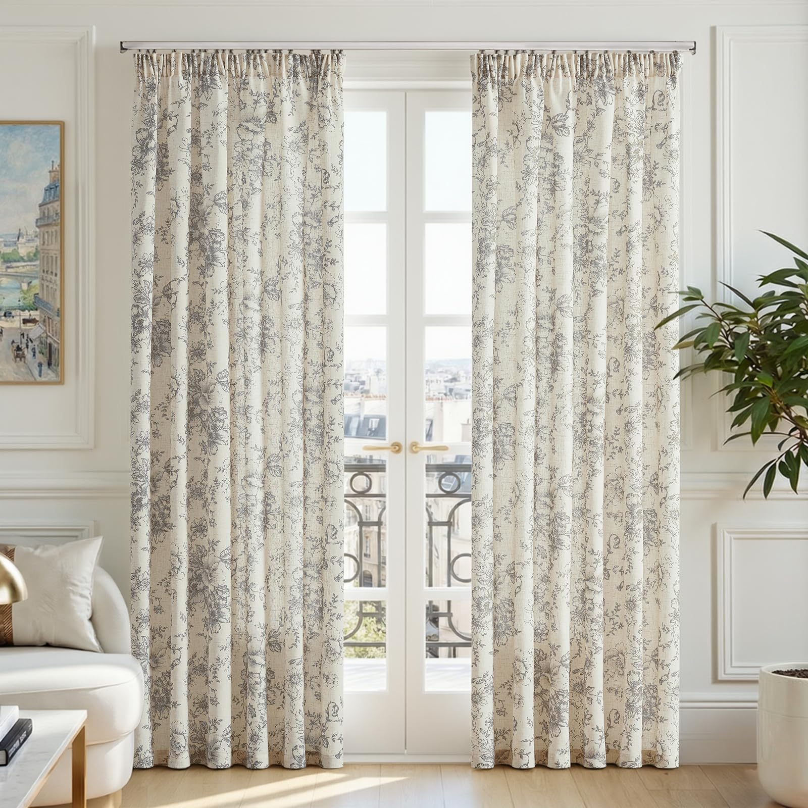 TOPICK Grey Floral Voile Linen Look Living Room Curtains, W55 xL90, 2 PCS