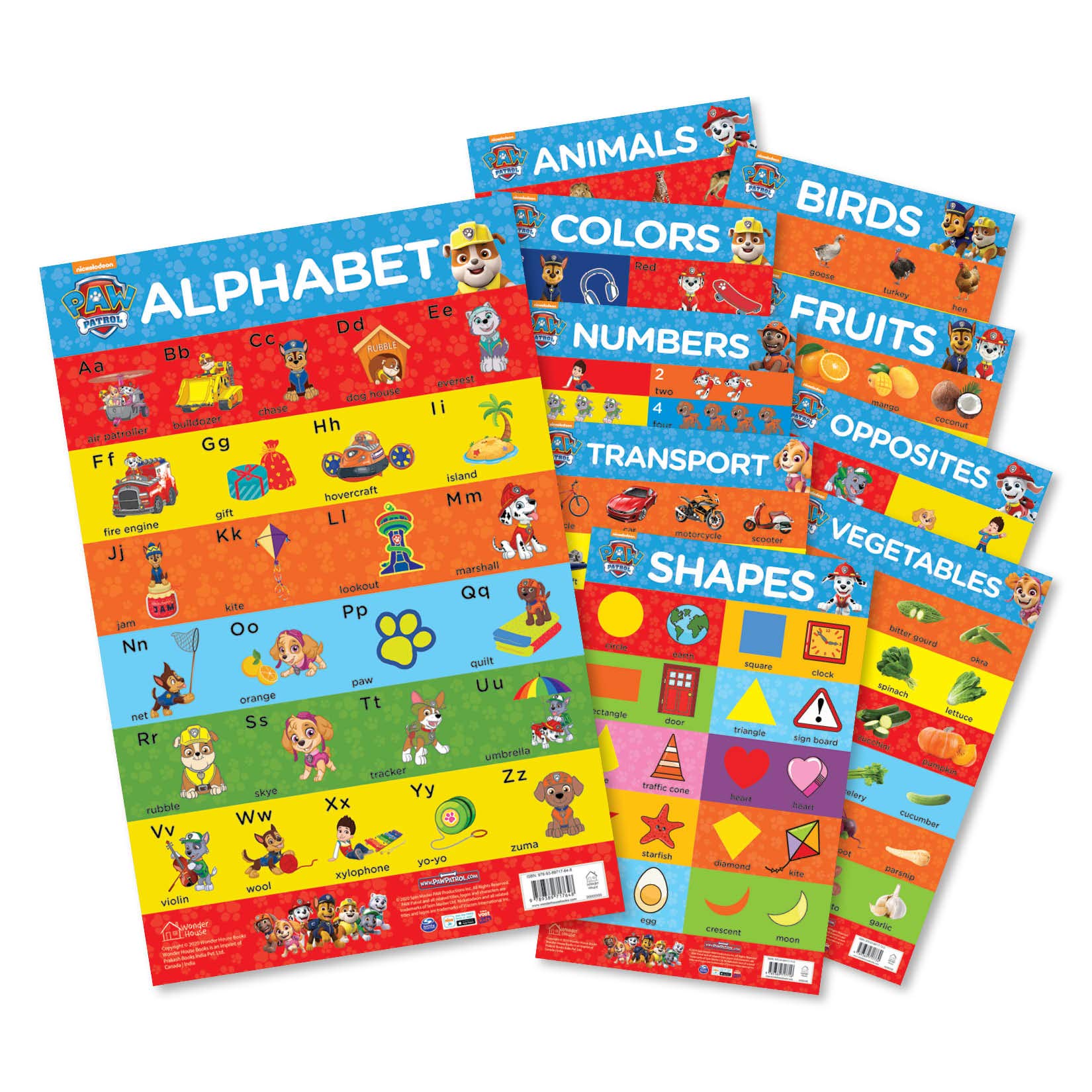 Paw Patrol - My First Early Learning Charts : Learn With Paw Pups (10 Charts - Alphabet, Animals, Birds, Colors, Fruits, Numbers, Opposites, Shapes, Transport, Vegetables)