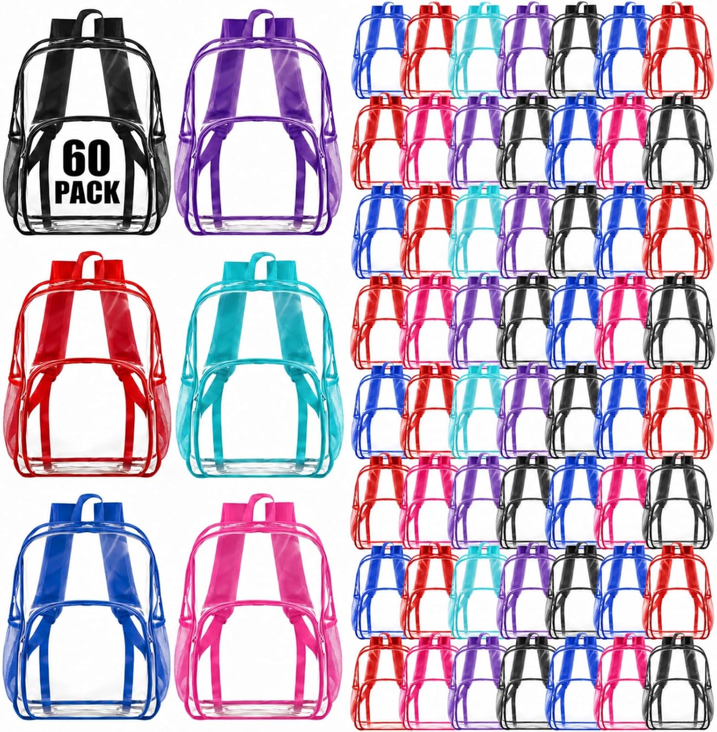 60 Pcs Clear Backpack bulk for Stadium Events Heavy Duty PVC Transparent Bookbag for College Workplace Security (15 Inches,6 Colors)