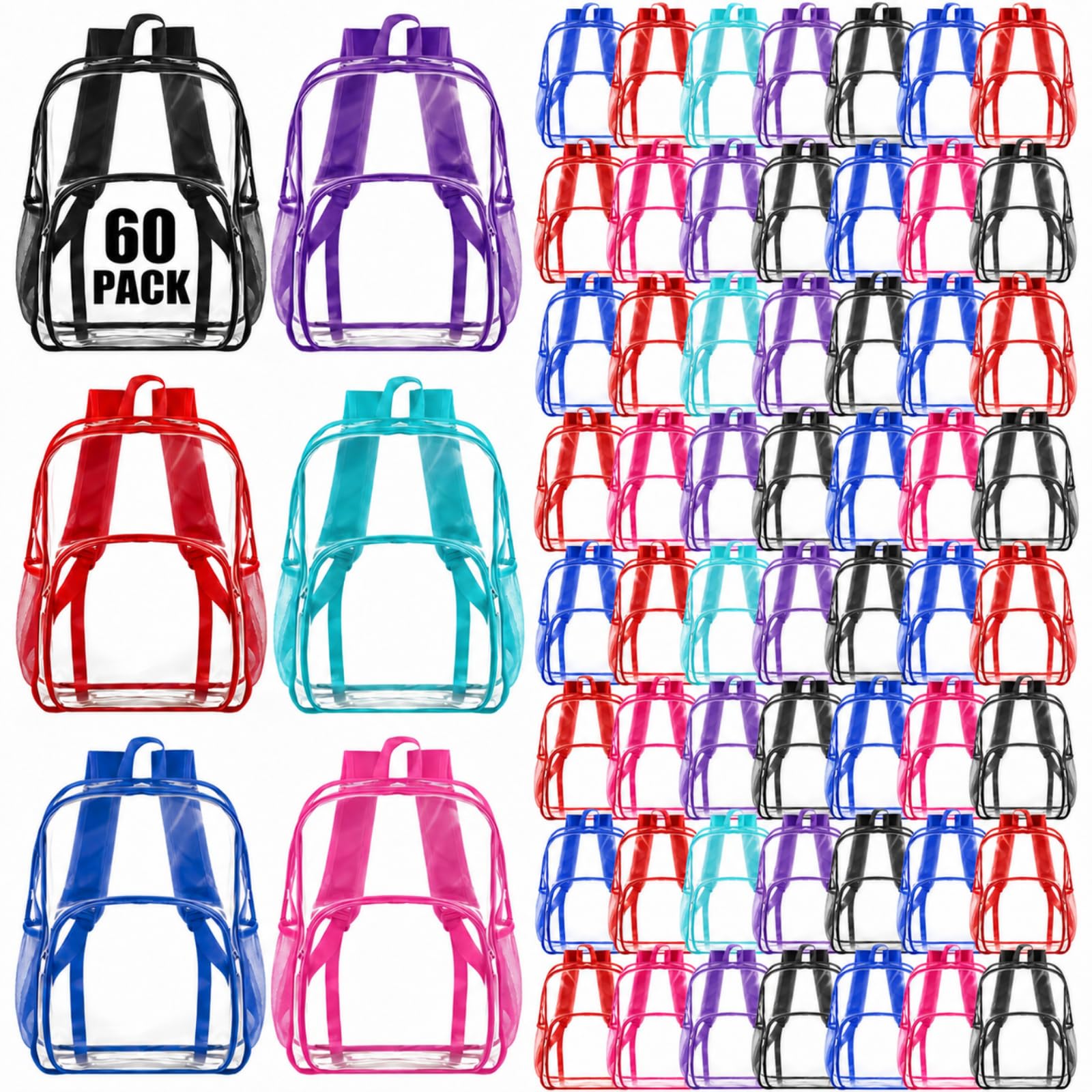 Amylove 60 Pcs Clear Backpack bulk for Stadium Events Heavy Duty PVC Transparent Bookbag for College Workplace Security (15 Inches,6 Colors)