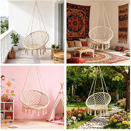 Miniatura 40 de Goutime Silla tipo hamaca, sillas colgantes de macramé con cojín y kit de herramientas, columpios bohemios para adultos para exteriores, patio, Gris