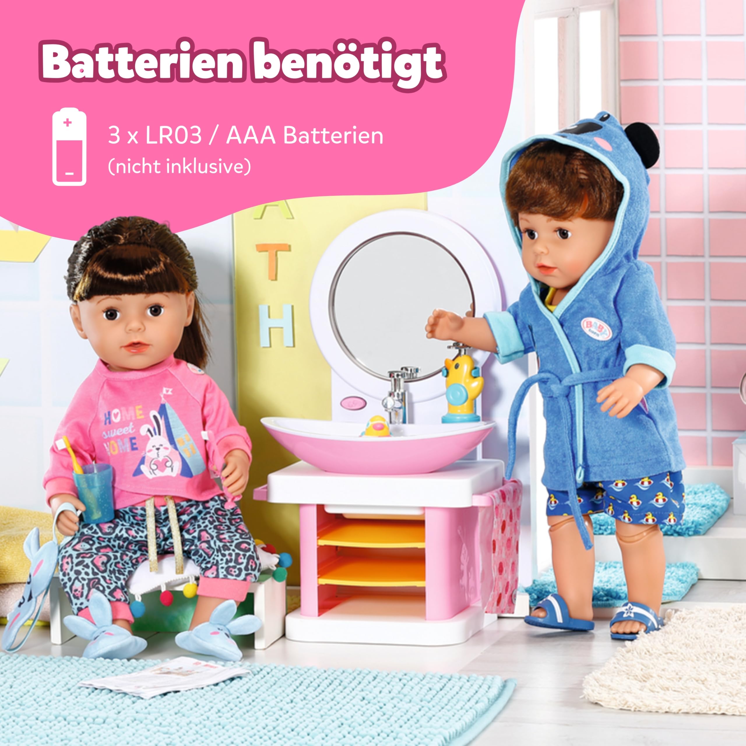 BABY Born Waschtisch - Interaktiver Puppenwaschtisch mit Licht- & Soundfunktion - Hochwertiges Puppenzubehör - Inkl. Zahnbürste, Zahnputzbecher, Seifenspender & Handtuch