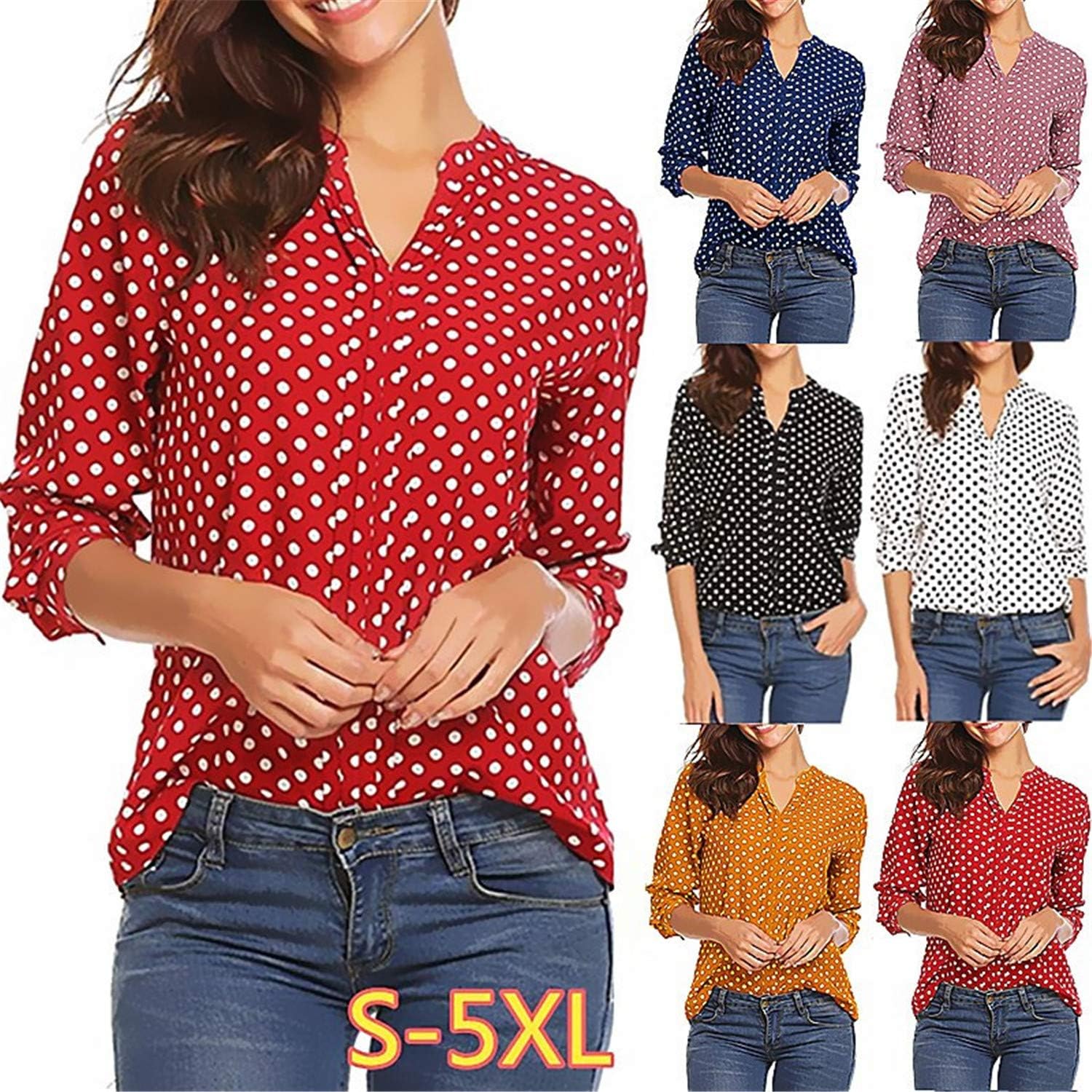 Andongnywell Women's V Neck Dot Printed Blouse Long Sleeve Shirt Office Work Blouse Shirts Tops Tunics