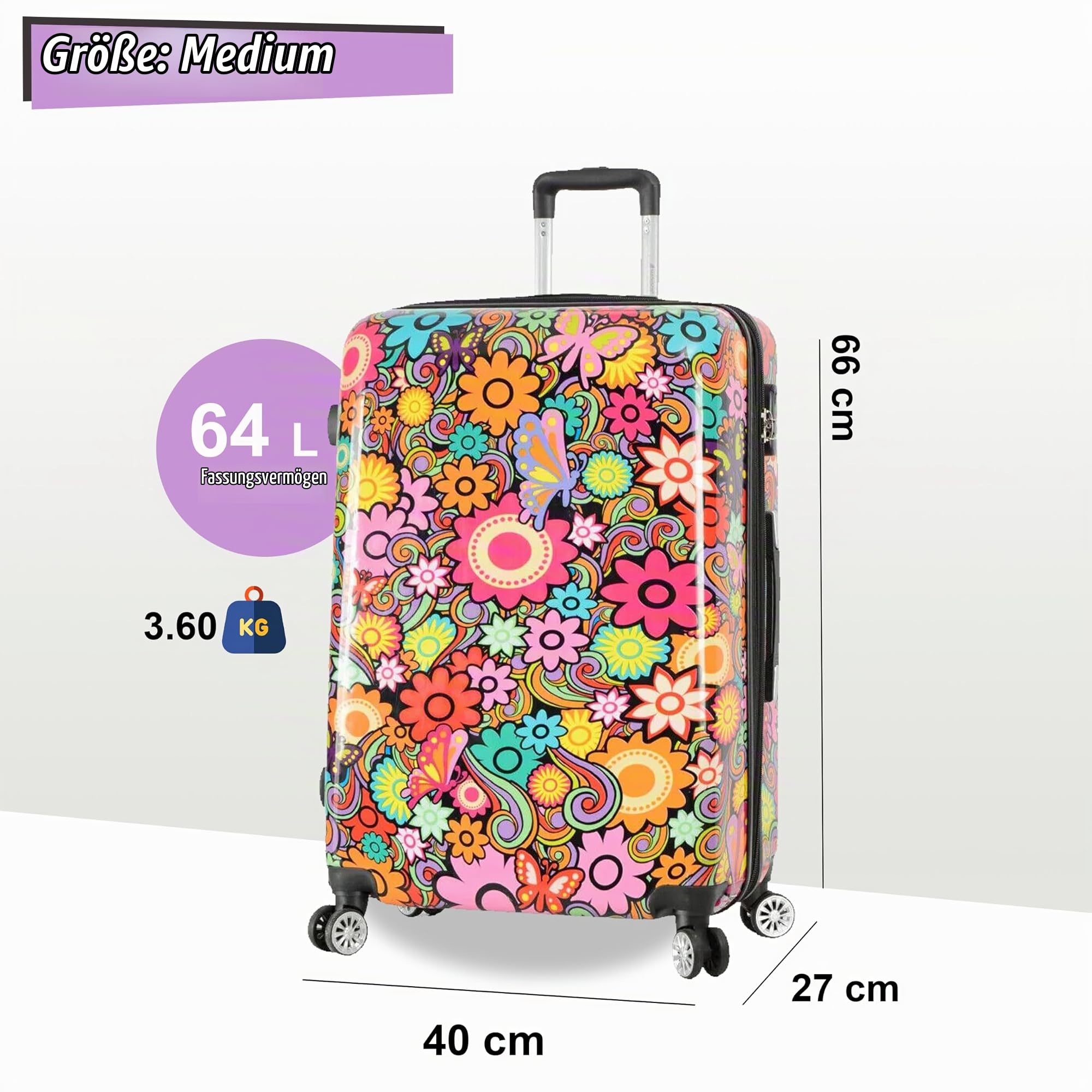 Infinity Leather Mittelgroßer Koffer „Flowers“, 61 cm, superleichtes Gepäck, 4 Räder, Spinner, 3-stelliges Zahlenschloss, Hartschalengepäck für 15 bis 20 kg