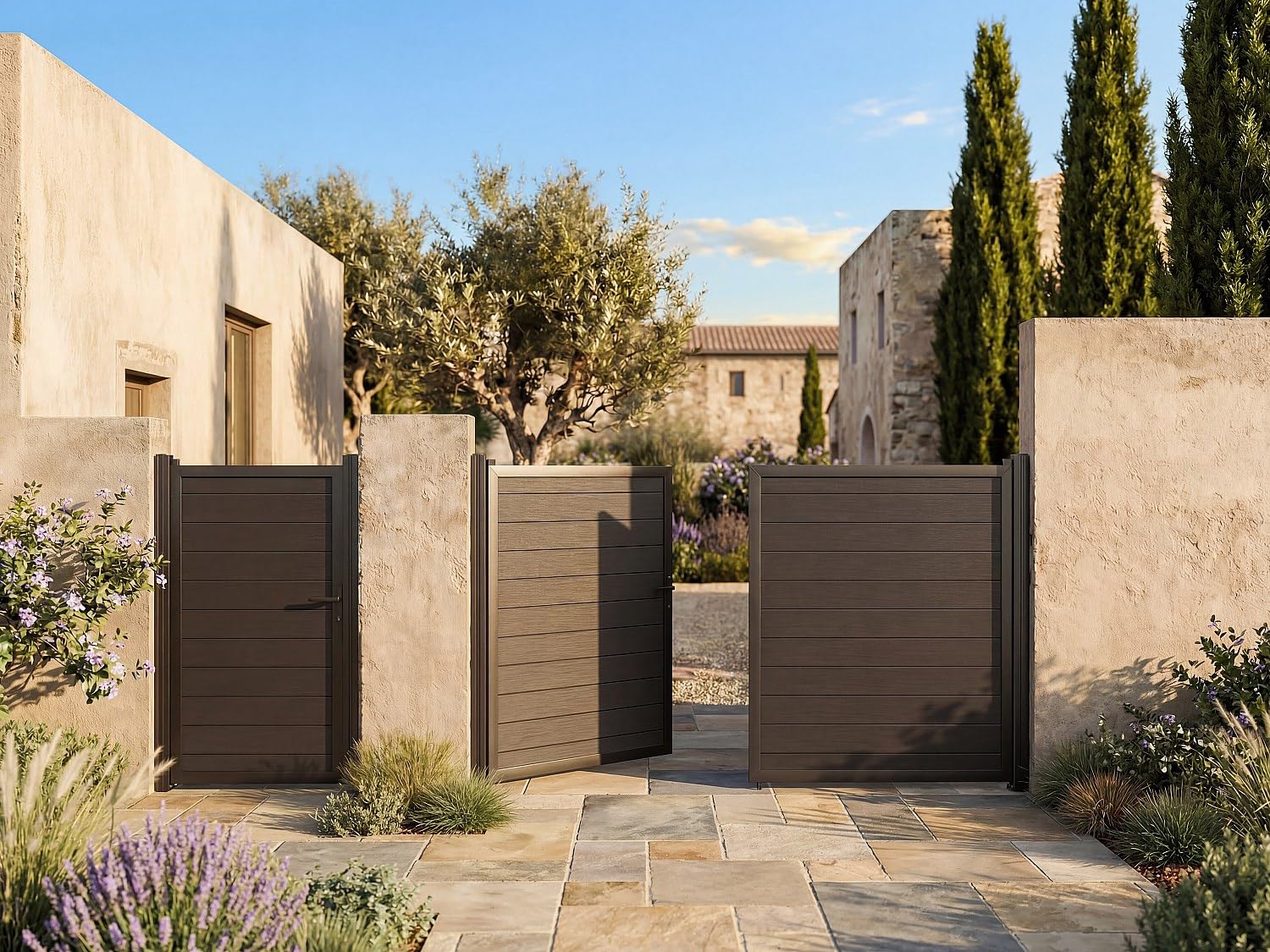 Vente-unique - Puerta batiente compuesta de madera maciza - 1305 x 183 cm - gris antracita - SENZIO
