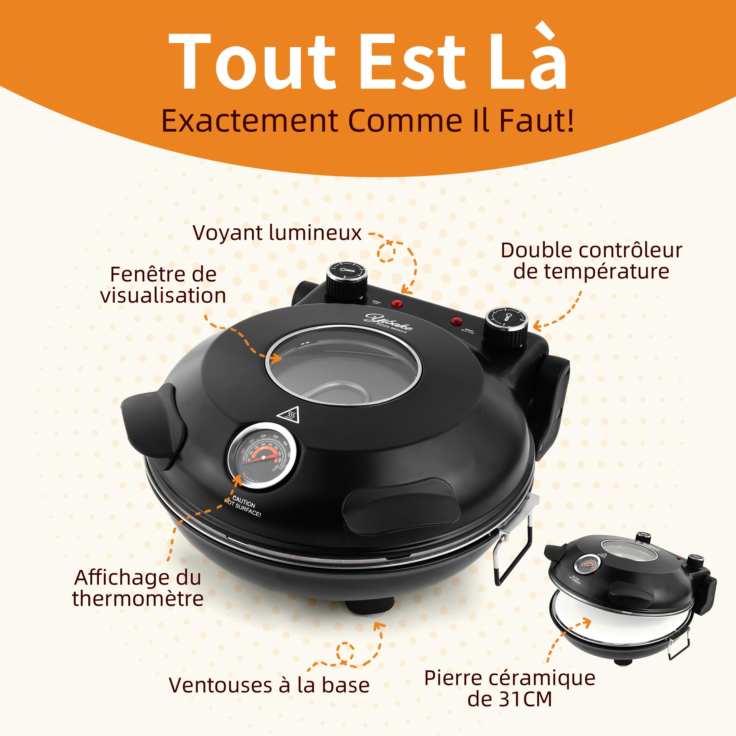 Four à Pizza Électrique, Cuit une Pizza en 4 minutes, Plaque en Pierre Réfractaire de 31cm, Max 420°C Four a Pizza, 1200W, Pelle à Pizza, Grattoir et Recettes inclus, Noir