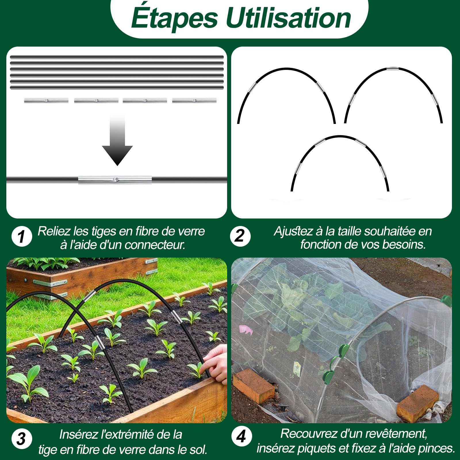 YADODO Arceau pour Serre Tunnel, 50 PCS Arceaux Serre de Jardin avec 30 Clips Kit de Maison de Cerceau De Jardin, Arceau de Jardin,Cerceau pour Serre de Jardin, Garden Arceaux pour Serre Tunnel