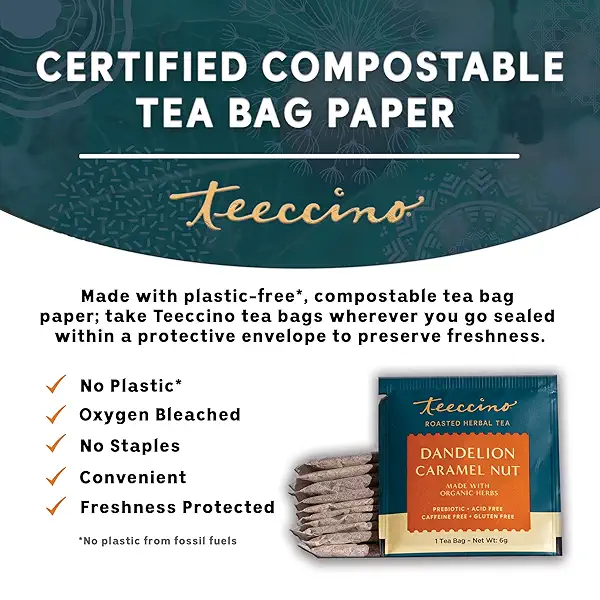 Teeccino Dandelion Caramel Nut Tea - Caffeine Free, Roasted Herbal Tea with Prebiotics, 3x More Herbs than Regular Tea Bags, Gluten Free - 10 Tea Bags 3
