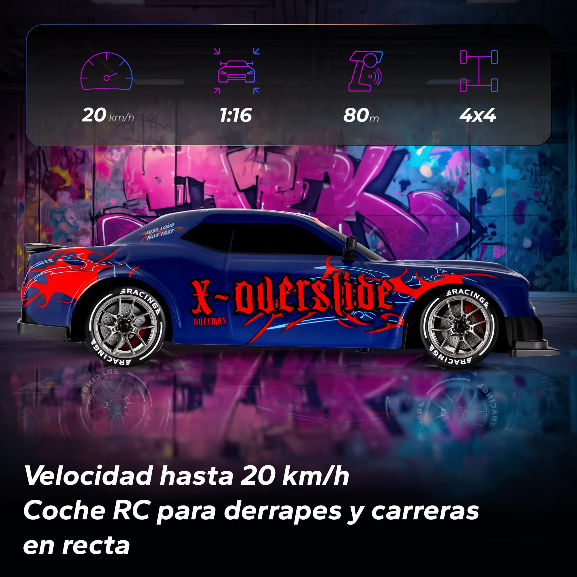 Overmax X-OVERSLIDE Coche RC teledirigido para Drift, Auto para Niños 8+, 1:16, 20 km/h, Alcance de hasta 80 m, Tracción 4WD, 2 Baterías de 500 mAh, Juego de Llantas y Obstáculos, Carcasa Adicional