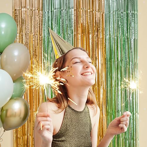 Miniatura 2 de LOLStar Decoraciones de fiesta temática de princesa, paquete de 2 cortinas de flecos de papel de aluminio verde salvia dorado de 3.3 x 6.6 pies,