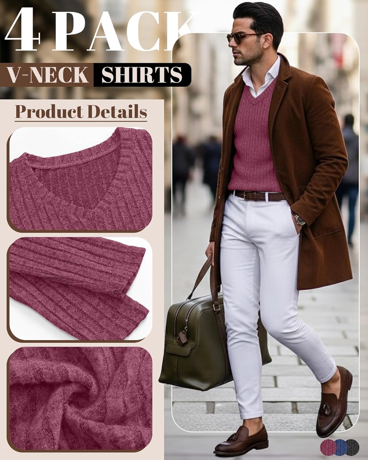 3 Pack Men's Ribbed V Neck Long Sleeve Shirts, Slim Fit Thermal Sweaters Tops Muscle Athletic Casual Gym Basic Tees