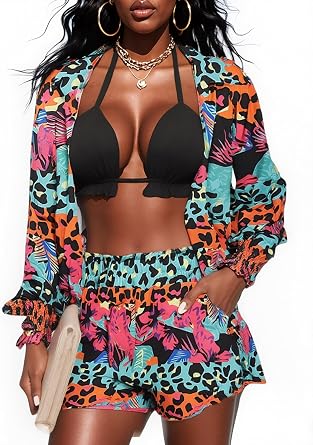 UOUA 3 Piece Swimsuits for Women Hawaiian Outfits Floral Tropical Bikini & Short Sets Summer Beach Sexy Cover Ups Luau Party