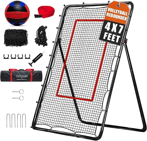 Volleyball Rebounder Net with Volleyball, Bungee Cords,Carry Bag and Neon Target, 5 Adjustable Angles Bounce Back Net for Volley