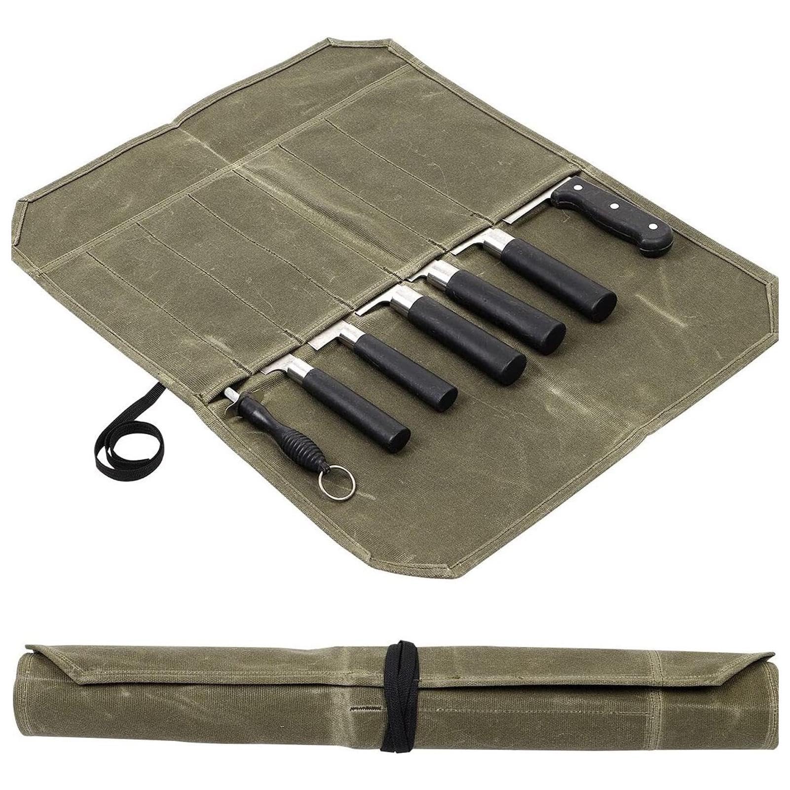 Knife Roll Bag, Portable 7 Slots Waxed Canvas Knife Bags, Cutlery Tool Roll Case Bag for Camping Hold Home Kitchen Tools, Easy Carry with Wrapping Strap, Superior Gift for Cooking Chef(COLOR:green)