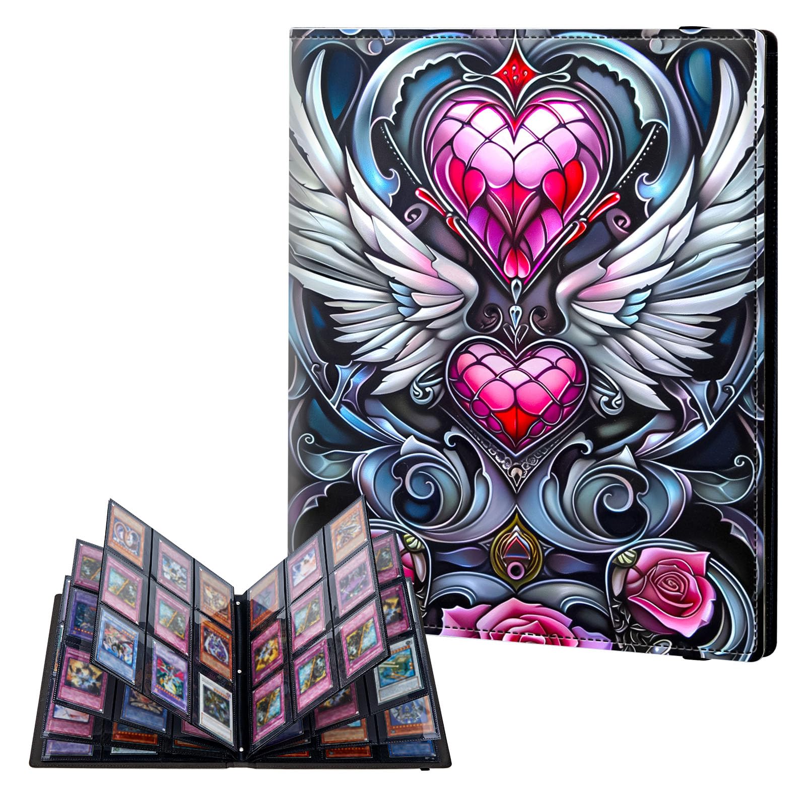 ETLKJVBL 9 Pocket Trading Card Binder, Card Collection Binder for TCG, MTG, Sports Cards, Baseball, Hearts Pink Roses Angel Wings Trading Card Book Holder for Collectors, Top Loader Binder — image 1