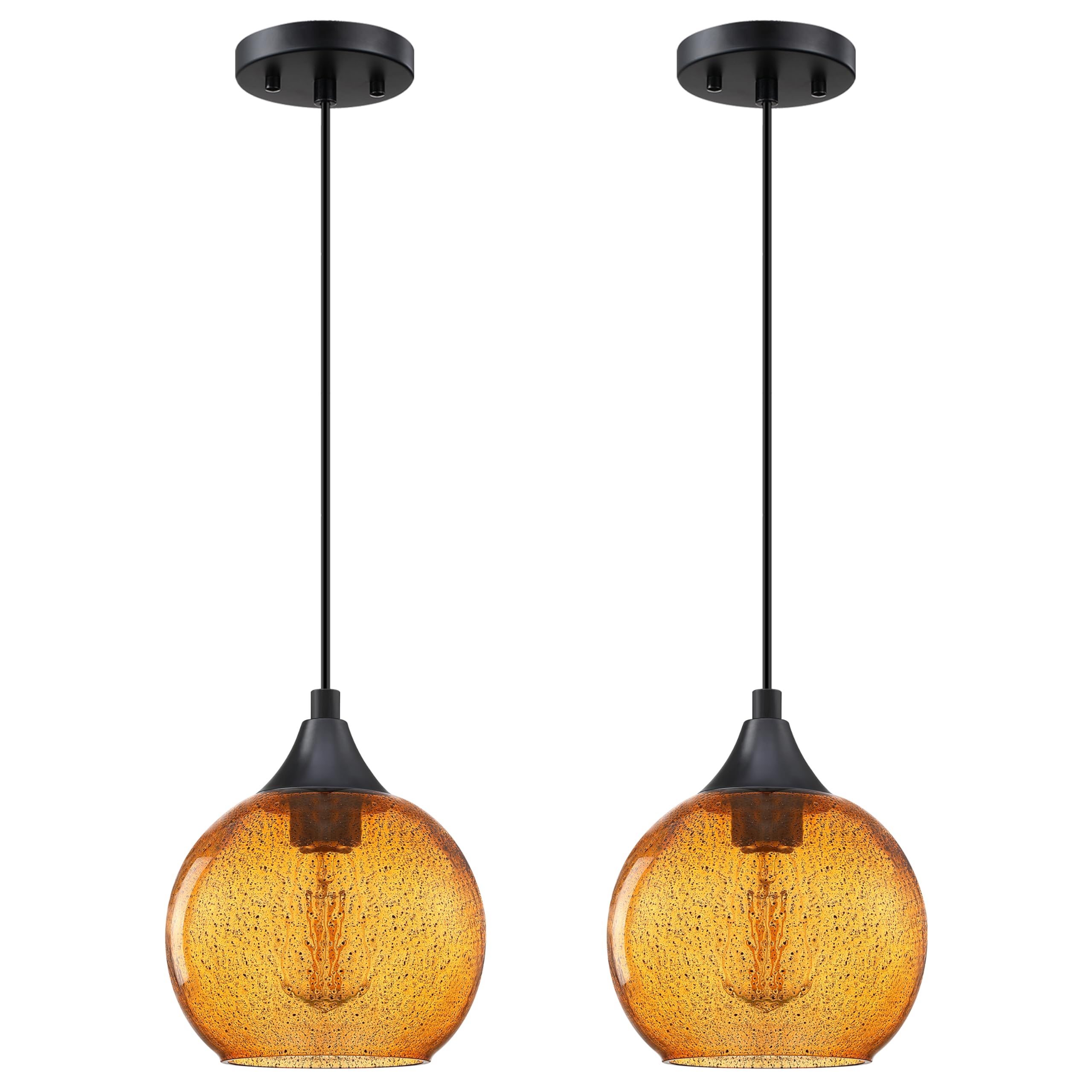 1 Light 6.3" Hanging Indoor Kitchen Island Pendant Lights Black Seeded Glass Pendant Ceiling Light Fixtures Black Finish Farmhouse Dinning Over Sink (2 Pack, Ancient Black Seeded Amber Glass)