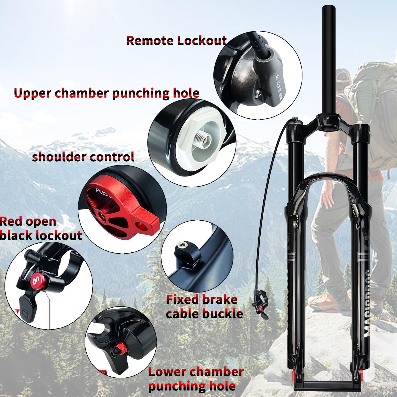 Horquilla de suspensión neumática para Bicicleta de 26/27,5/29 Pulgadas, Eje pasante QR de 9 mm, Tubo Recto/cónico de 1/8", Ajuste de Rebote, Bloqueo Romete Delantero.