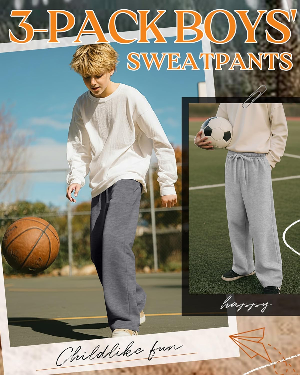 3 Pack Boy's Sweatpants Straight Leg Athletic Open Bottom Pants High Waisted Drawstring Active Joggers with Pockets - Image 2