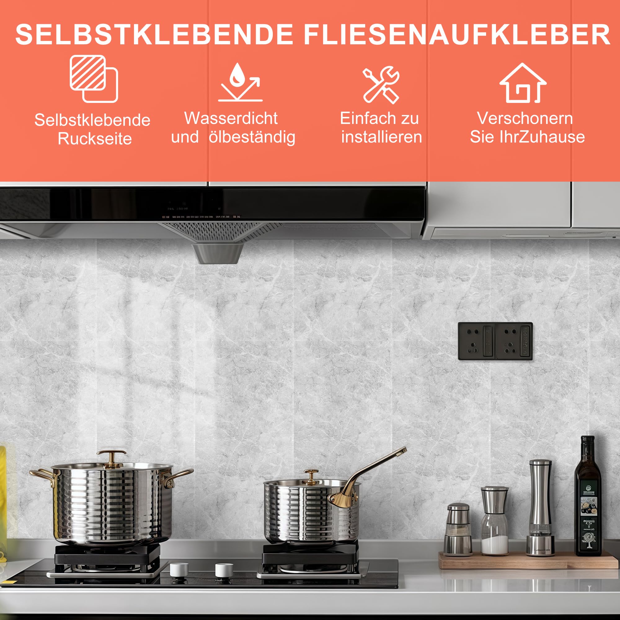 Fliesenaufkleber Marmor, 60cm x 30cm Klebefliesen Wasserfest, 20 Stück Selbstklebende Wandpaneele mit Steinoptik für Küche und Badezimmer (Karen Grau)