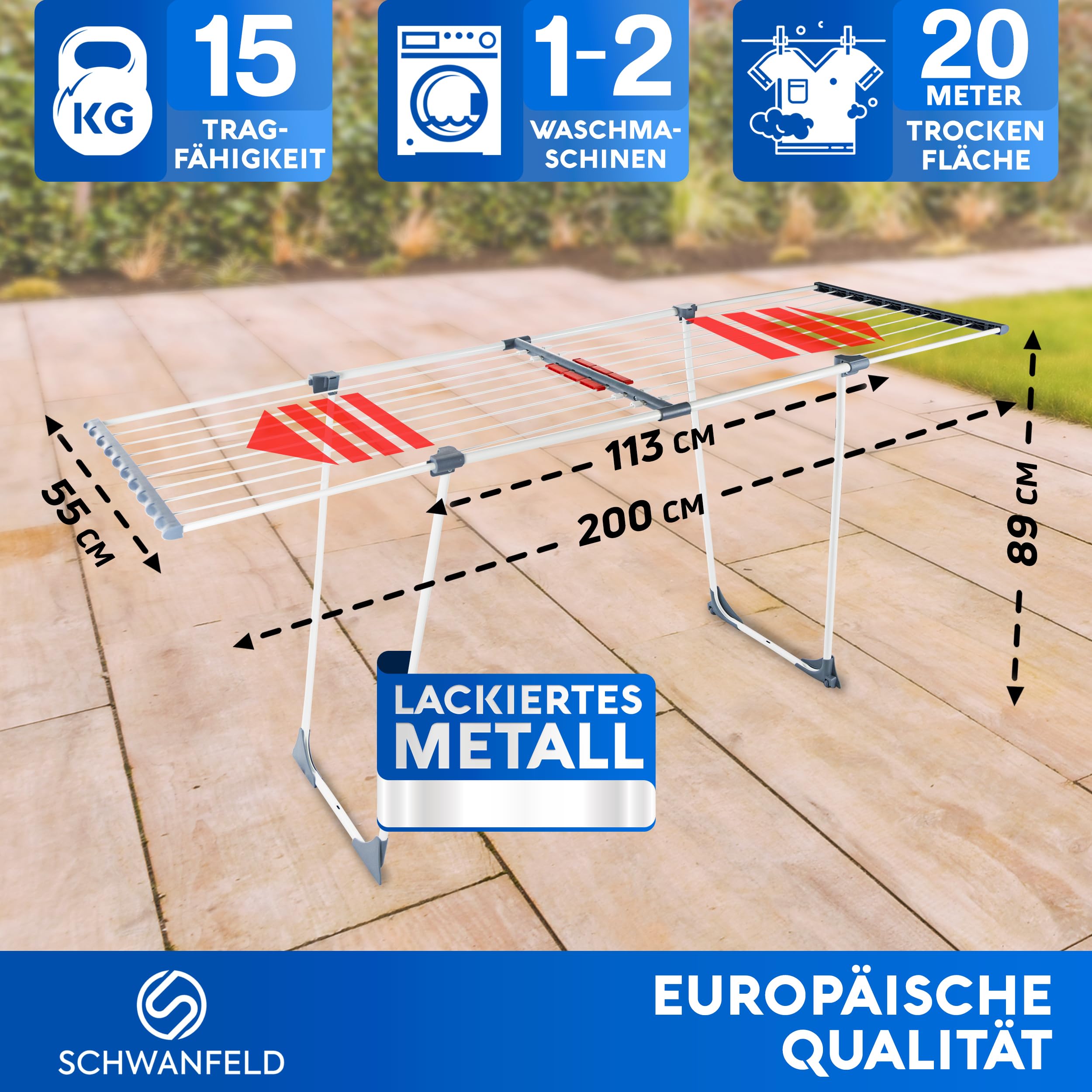 SCHWANFELD® Wäscheständer ausziehbar [20M TROCKENLÄNGE] - wäscheständer hoch - Premium Wäschetrockner Ständer - Faltbarer Wäsche Ständer XXL - ausziehbarer wäscheständer - Standtrockner rutschfest
