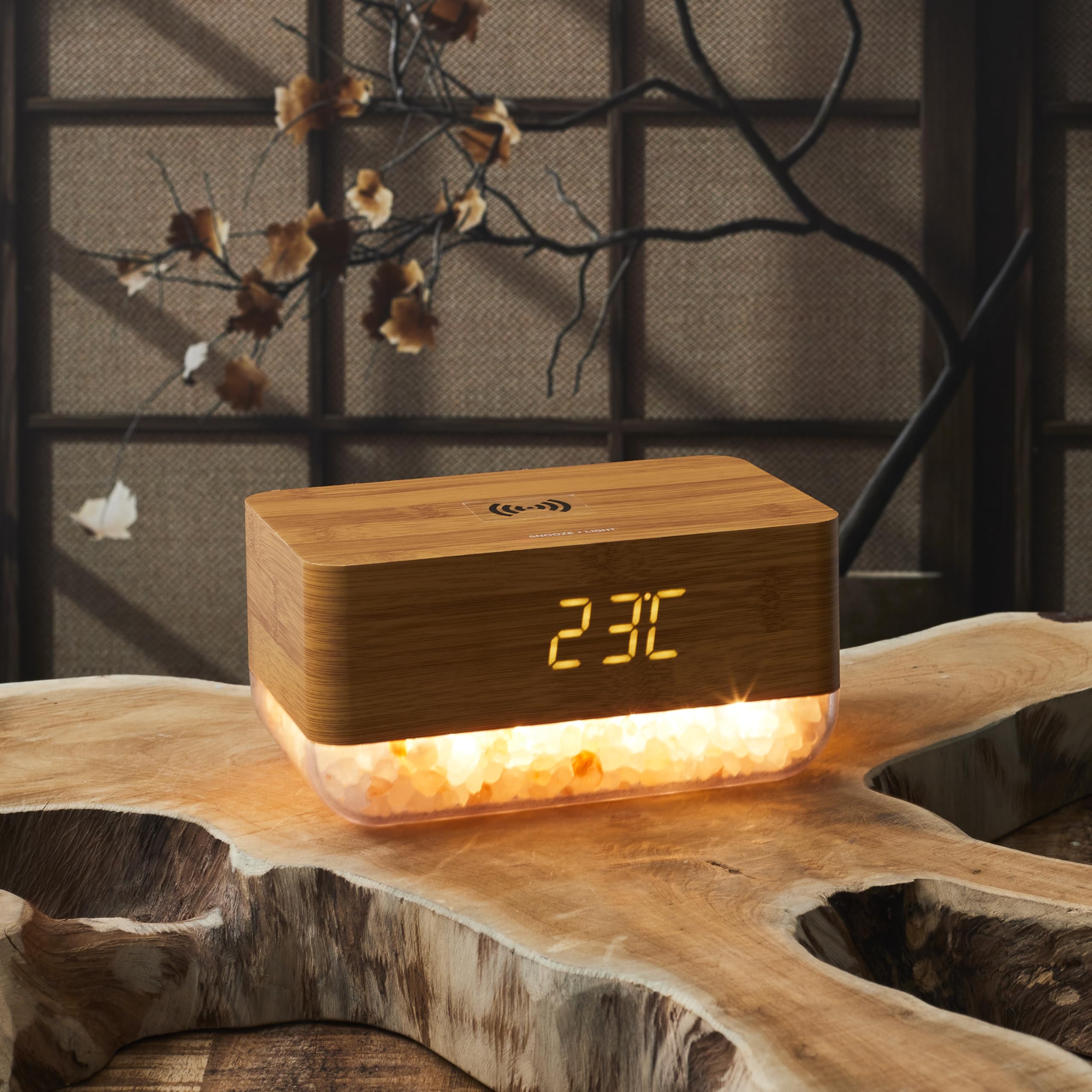 La Chaise Longue Réveil Chargeur Cristaux de Sel Rose ABS Charge LED Bois
