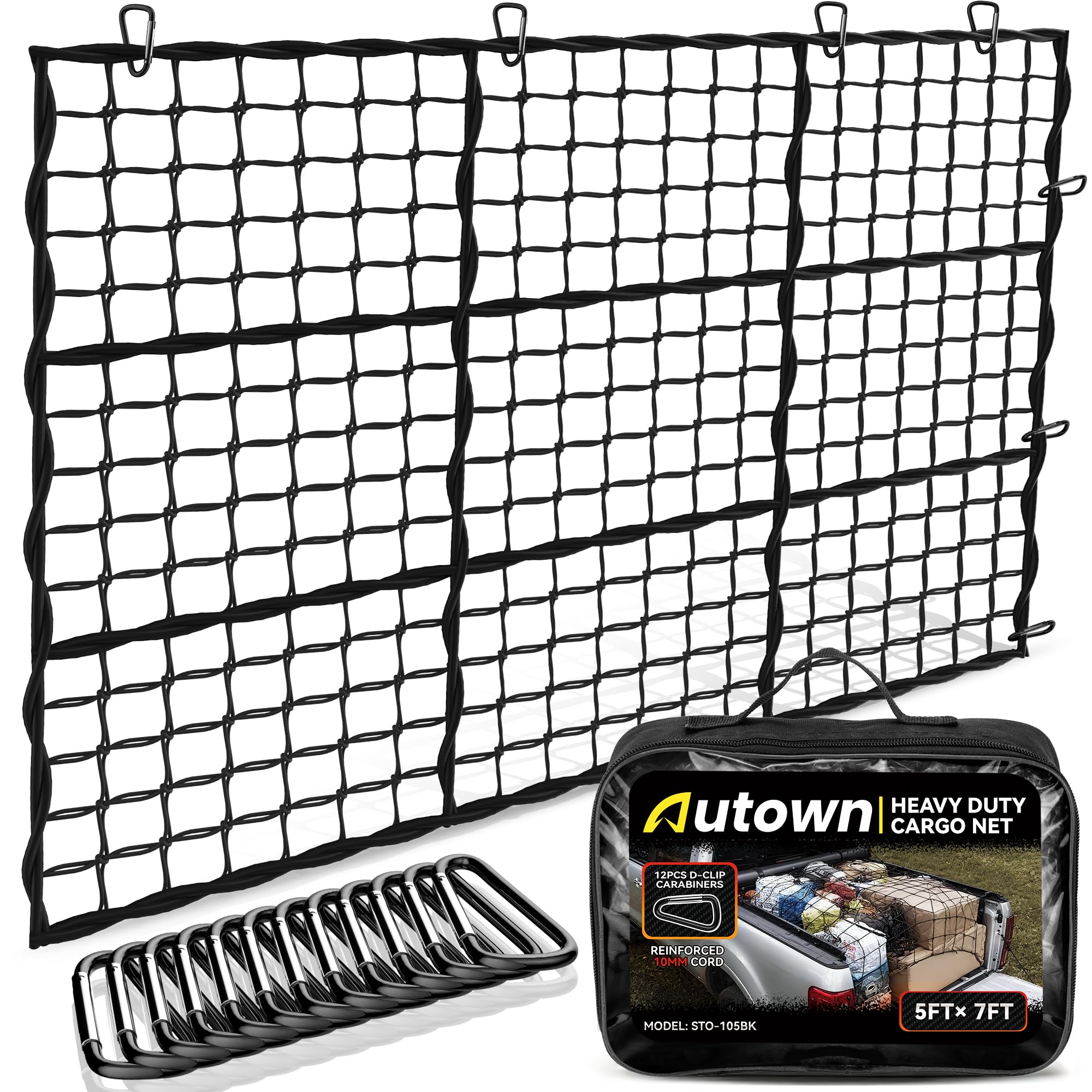 AUTOWN Rete da carico per letto pick-up – estensibile da 1,5 m x 7 'a 10 'x 14' con maglia 10,2 x 10,2 cm, resistente cavo elastico da 10 mm con 12 moschettoni in metallo, ideale per ATV, SUV, UTV e
