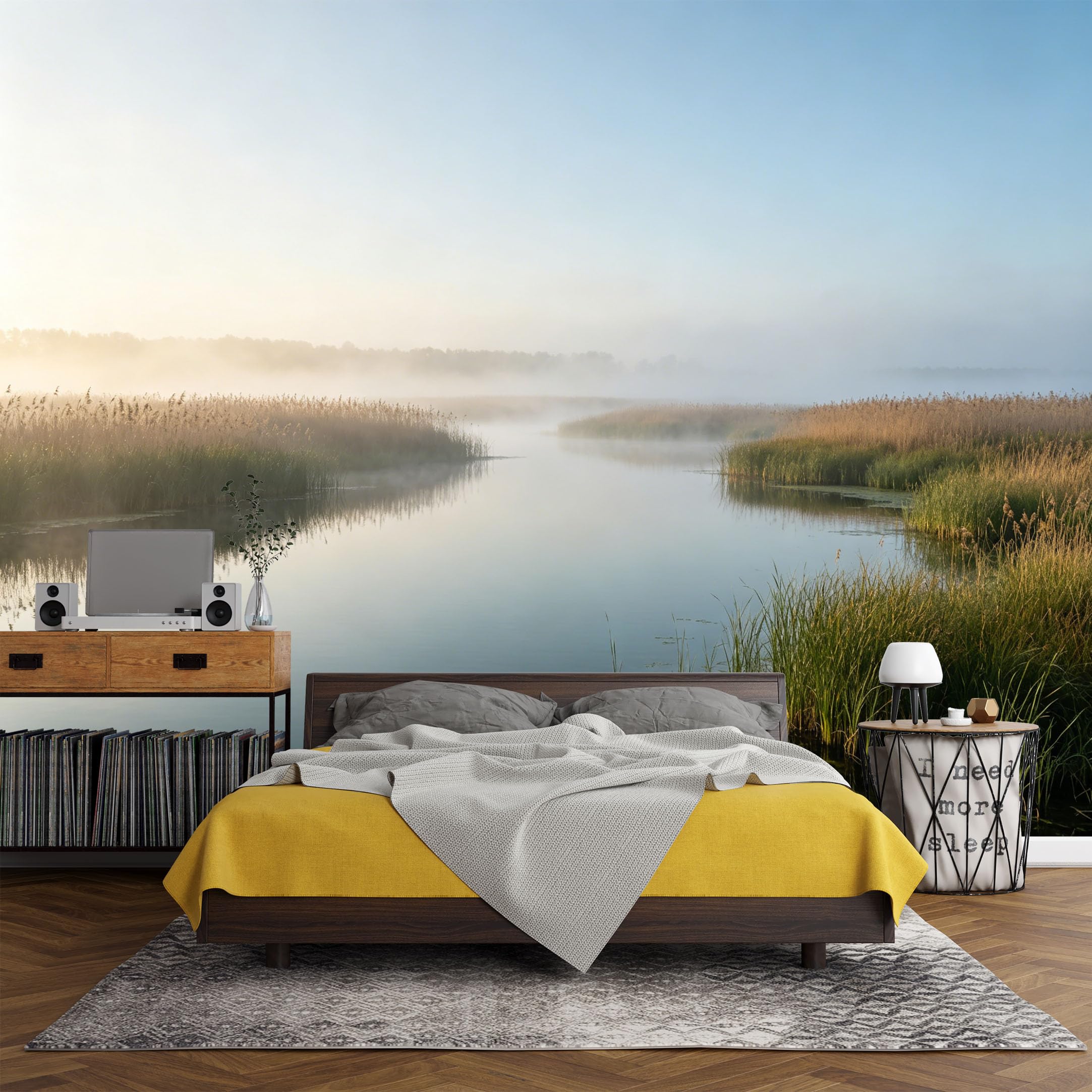 Custom Size Wall Mural， Landscape Lake Morning Mist Reeds Reflection Nature Scenery Calm Water View，SelfAdhesive Art Prints wall Fabric (No PVC) Removable Wallpaper Living Room Decor