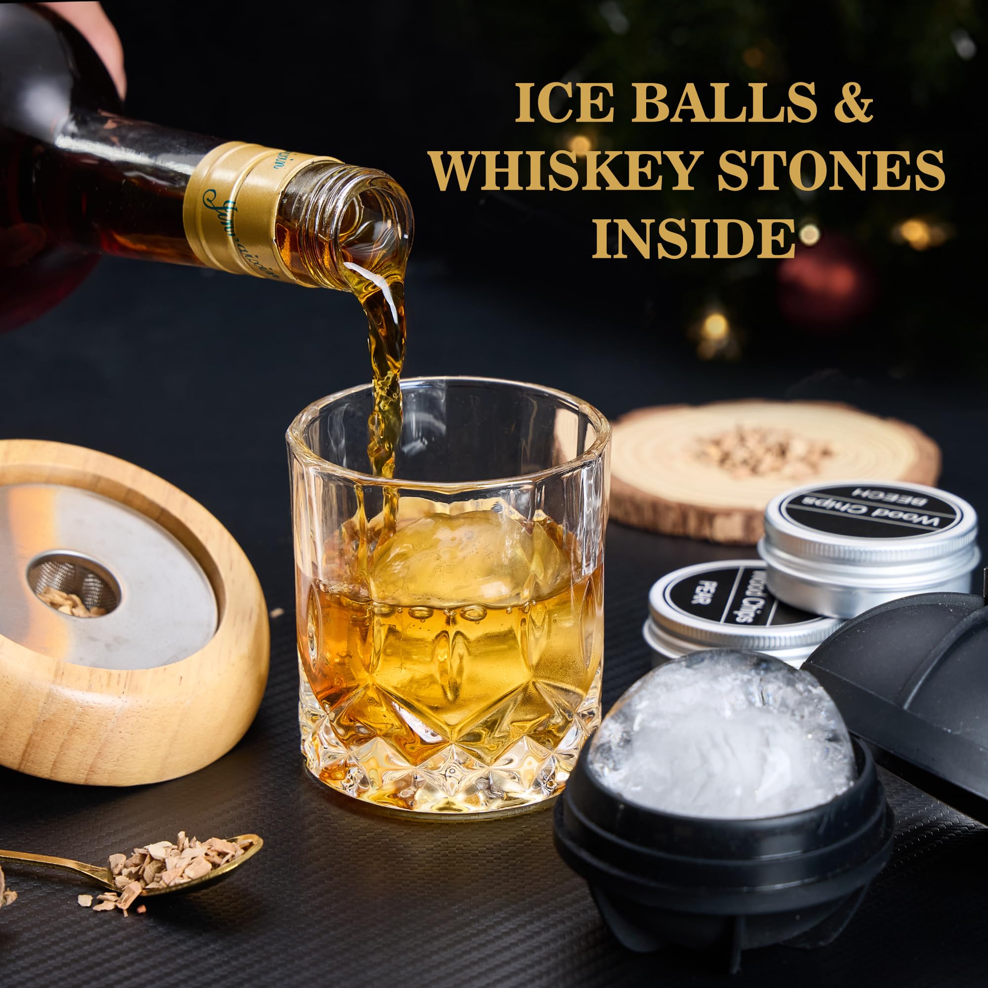 Zestaw do wędzenia koktajli (bez butanu) – whisky z 6 drewnianymi chipsami i 2 silikonowymi foremkami do lodów – prezent dla mężczyzn, taty, męża, miłośników