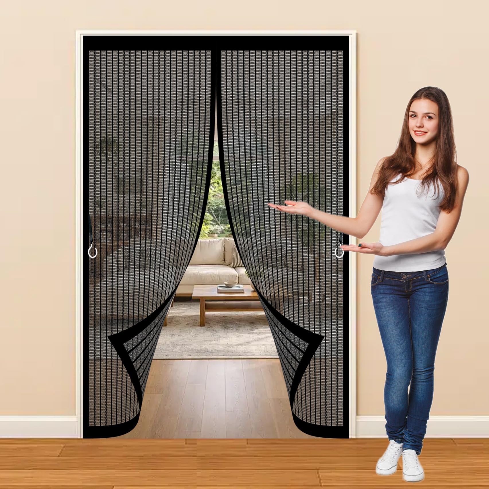 Magnetic Door Curtains Fly Screen 71 x 218 cm with Powerful Magnets & Full Frame Magic Tape, Keep Bugs Out & Lets Fresh Air in Magnetic Fly Screen Doors for Patio Doors Bedroom, Black