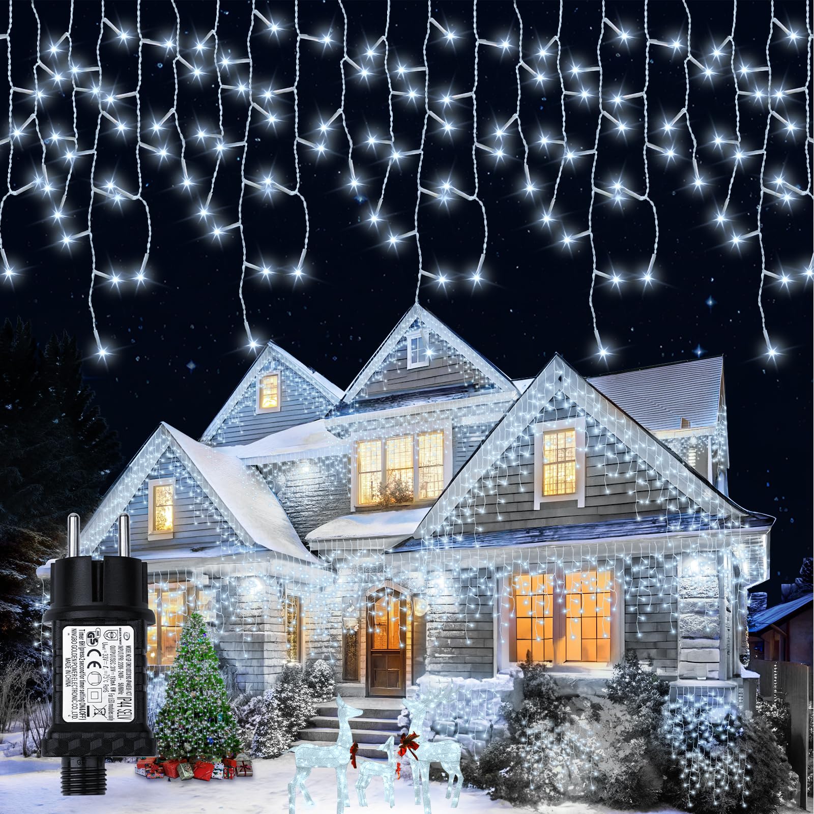 6.4+5M Luces Navidad Exterior, 200 LED 8 Modos Cortina Luces Navidad, IP65 Impermeable Luzes Natal Exterior con Temporizador, Función de Memoria, Decoracion Navidad Exterior-Blanco Frío