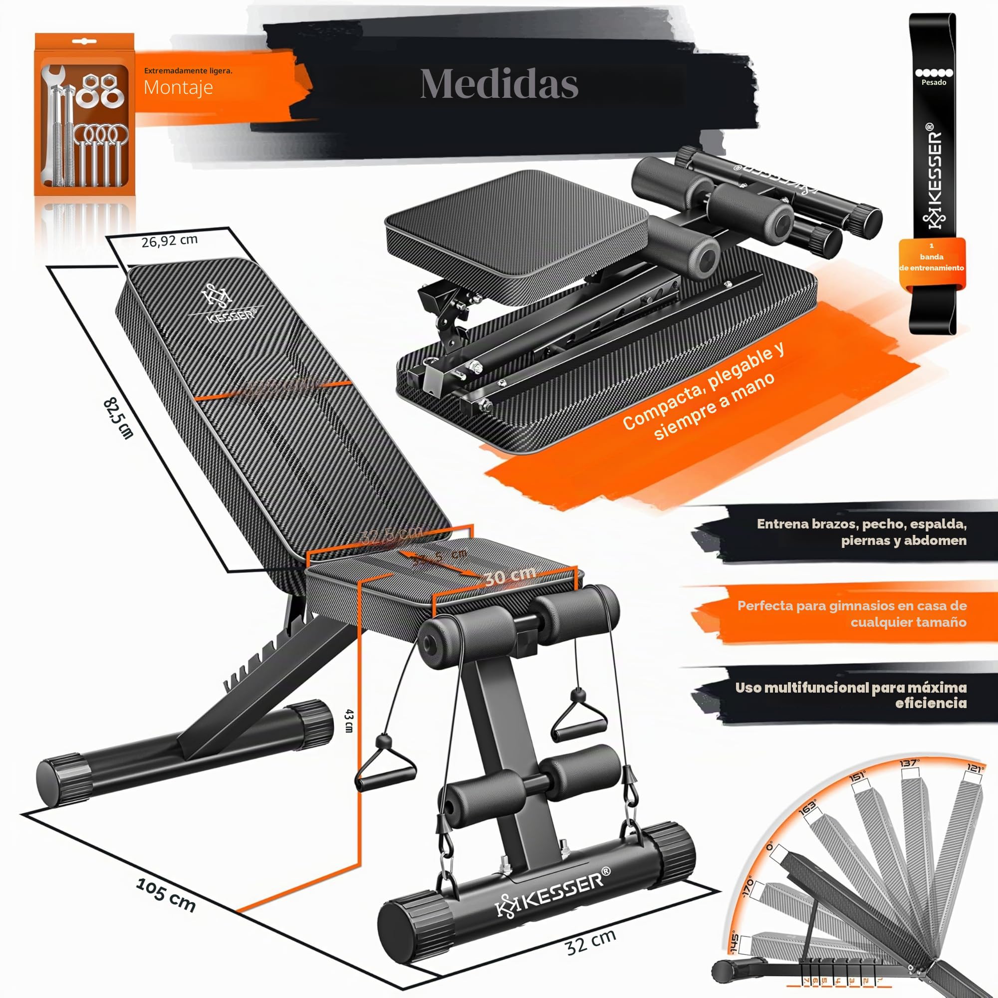 KESSER® Banco de pesas plegable multifuncional con respaldo, capacidad de carga de 500 kg, banco ajustable, dispositivo de fitness para press de banca, banco inclinado para entrenamiento de todo el