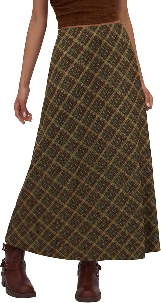 CIDER Women's Plaid Maxi Skirt A-Line Pleated Fall Fashion Gingham Skirts Going Out Cute Trendy Casual Vintage Outfit